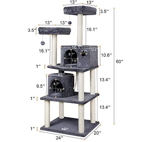 Beau Jardin 60” Cat Tree Cat Tower with Sisal-Covered Scratching Post