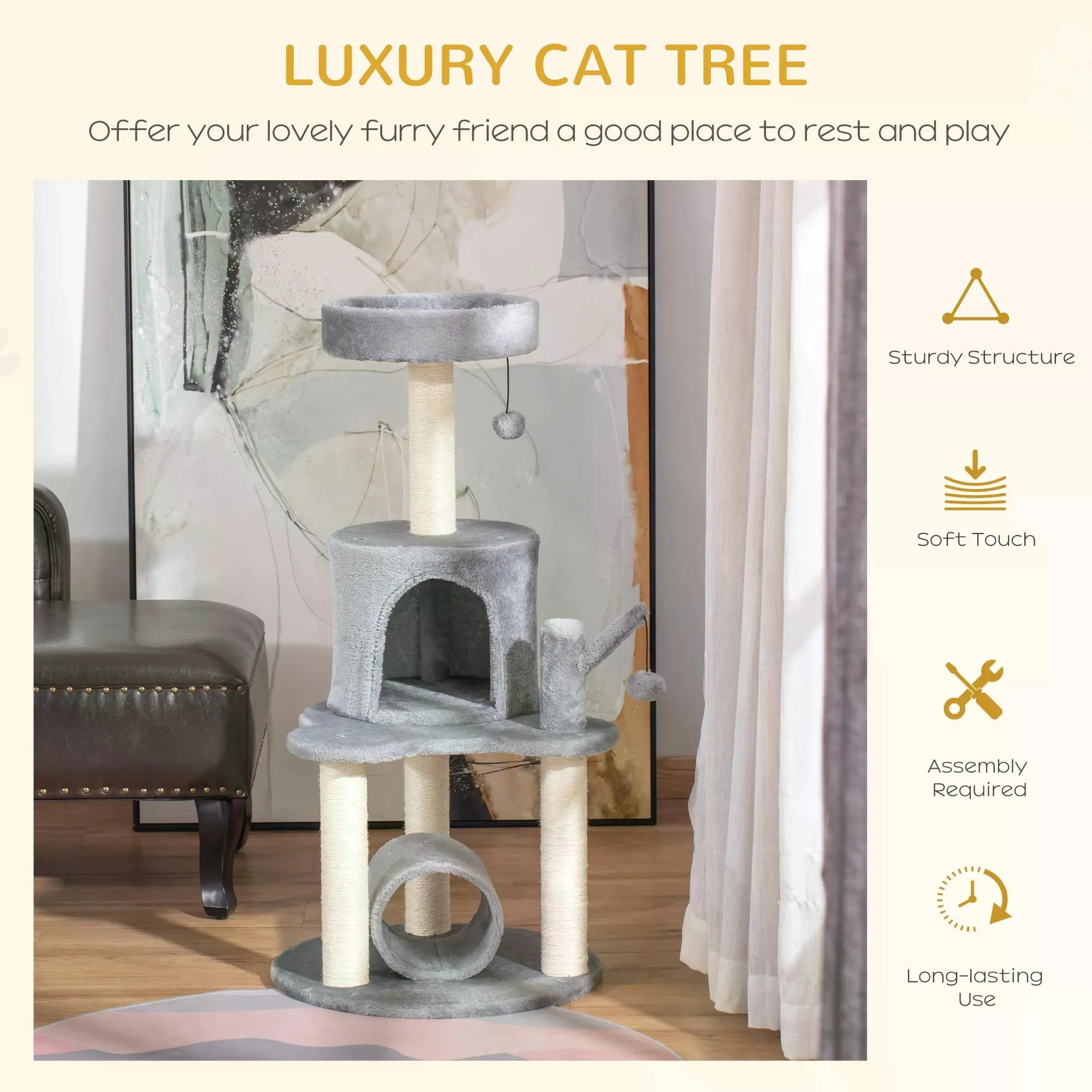 Cat Climbing Tower with Scratching Post, 95cm - Grey