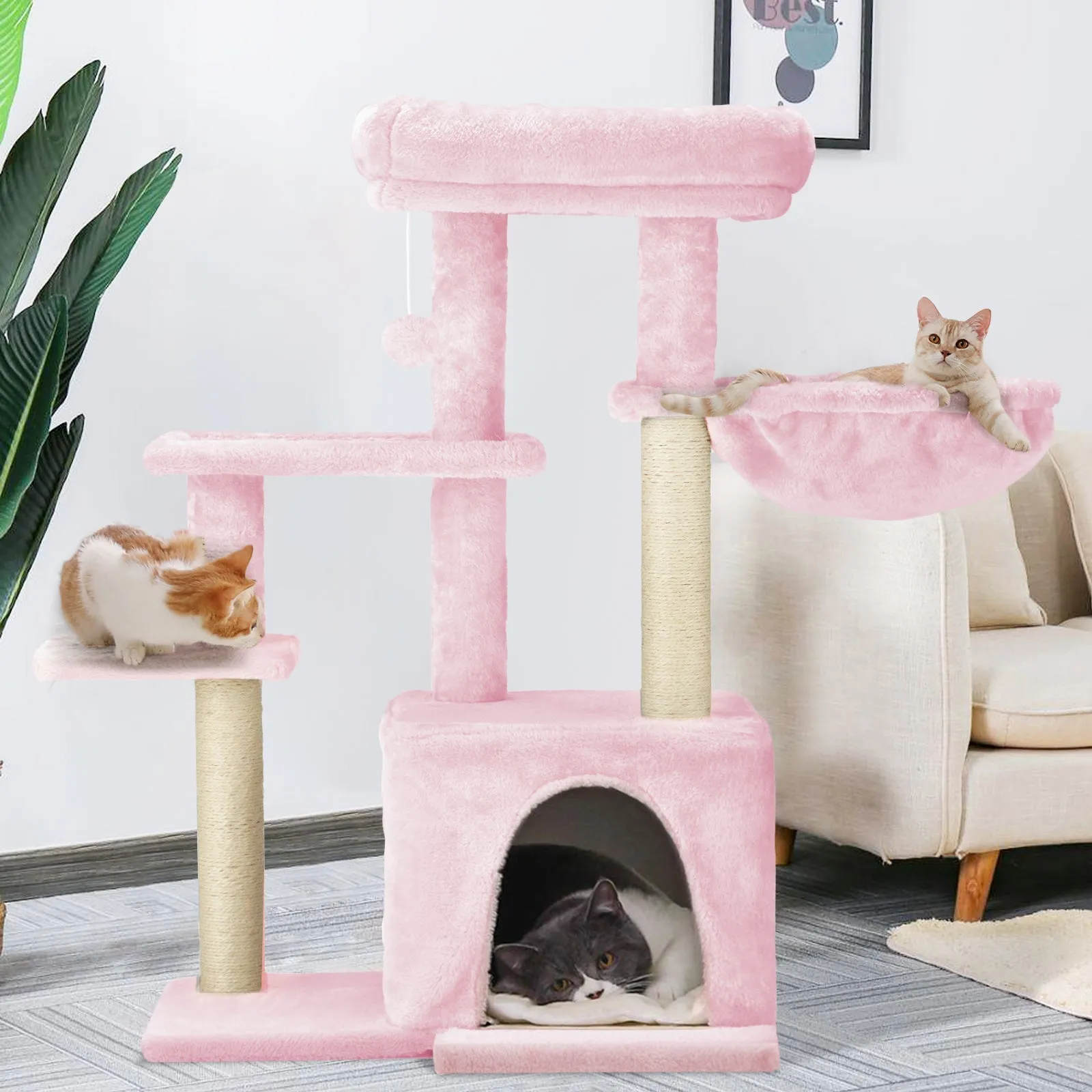 EROMMY 33 inches Multi-Level Cat Tree Cat Tower for Indoor Cats, Cat Condo with Scratching Post, Pink