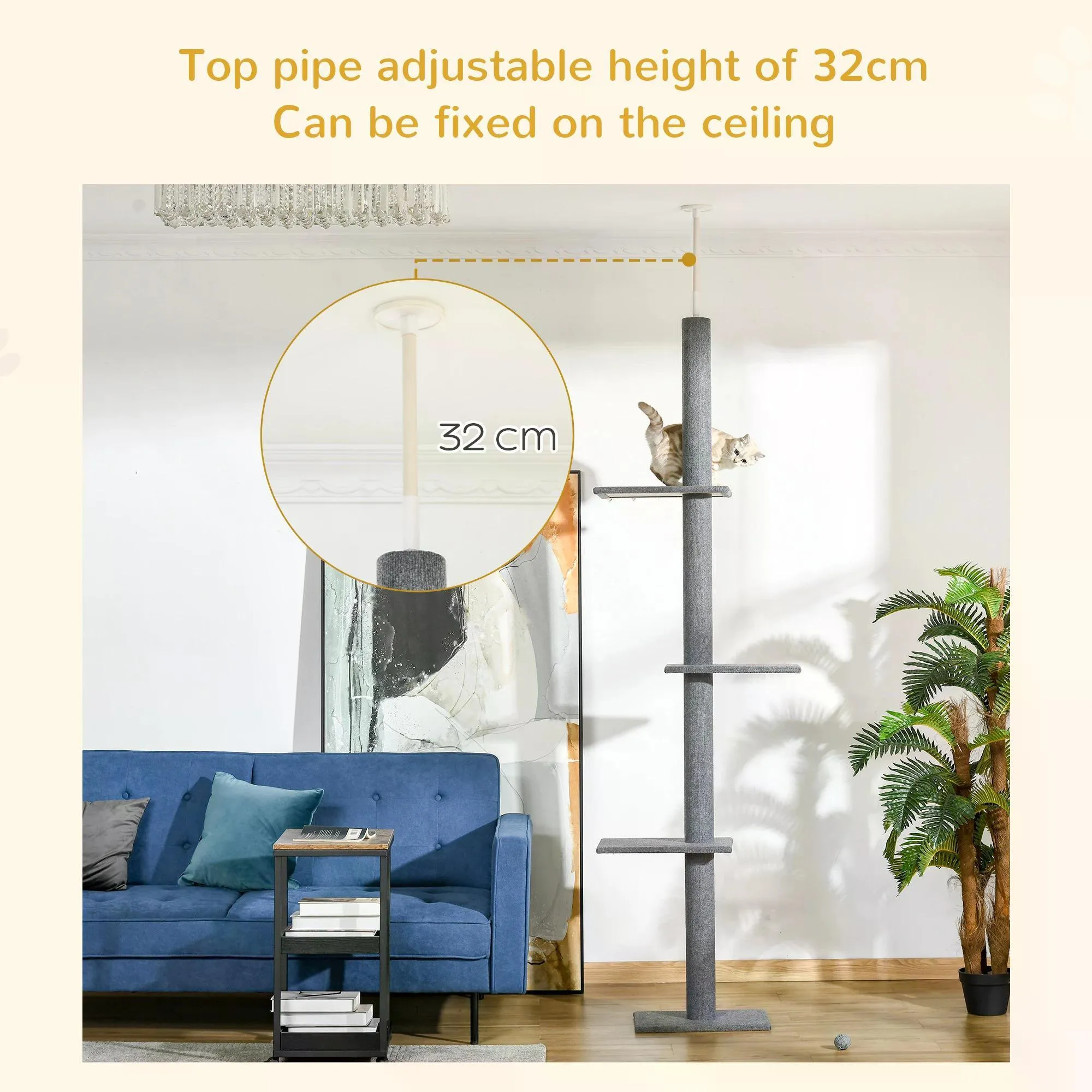 Floor-to-Ceiling Cat Tree with 3 Perches, 228-260cm - Grey