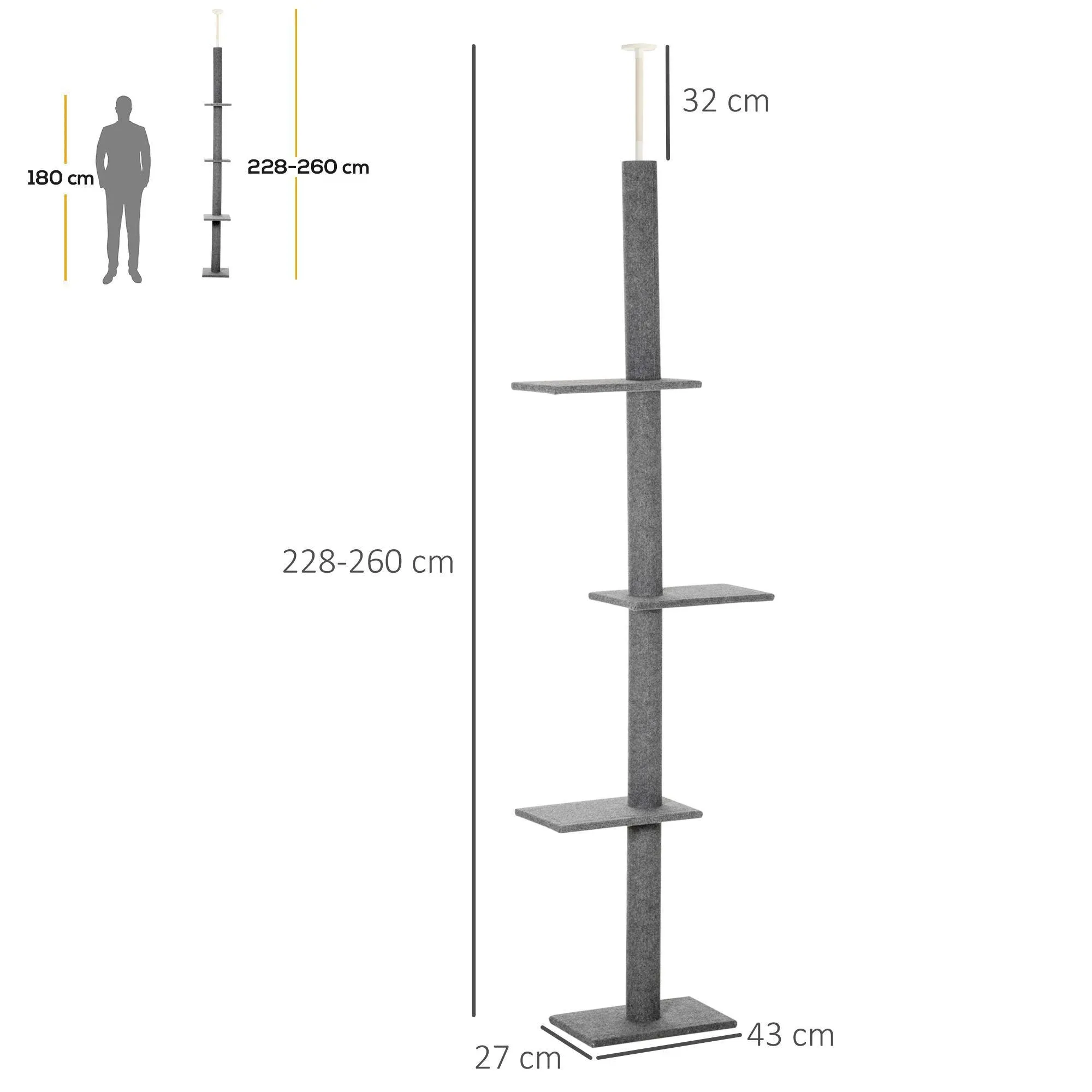 Floor-to-Ceiling Cat Tree with 3 Perches, 228-260cm - Grey