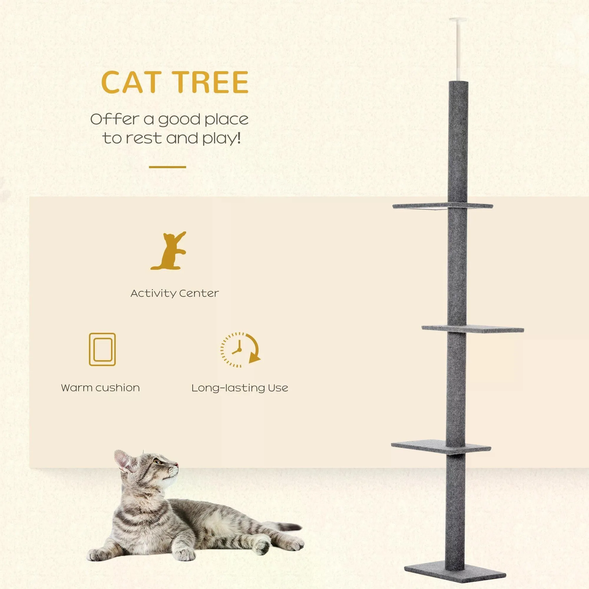 Floor-to-Ceiling Cat Tree with 3 Perches, 228-260cm - Grey