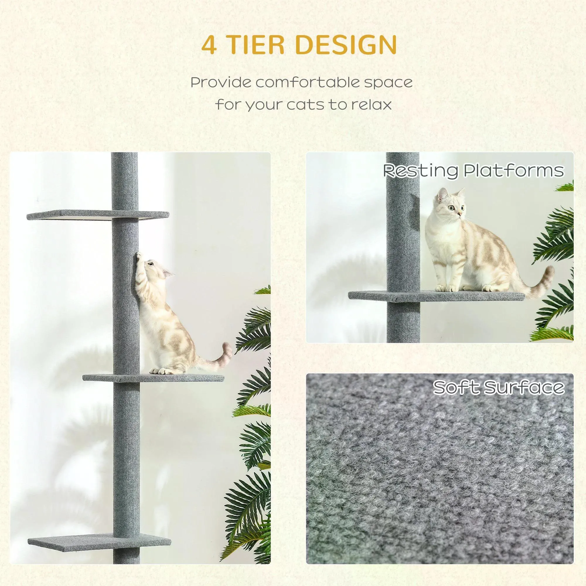 Floor-to-Ceiling Cat Tree with 3 Perches, 228-260cm - Grey