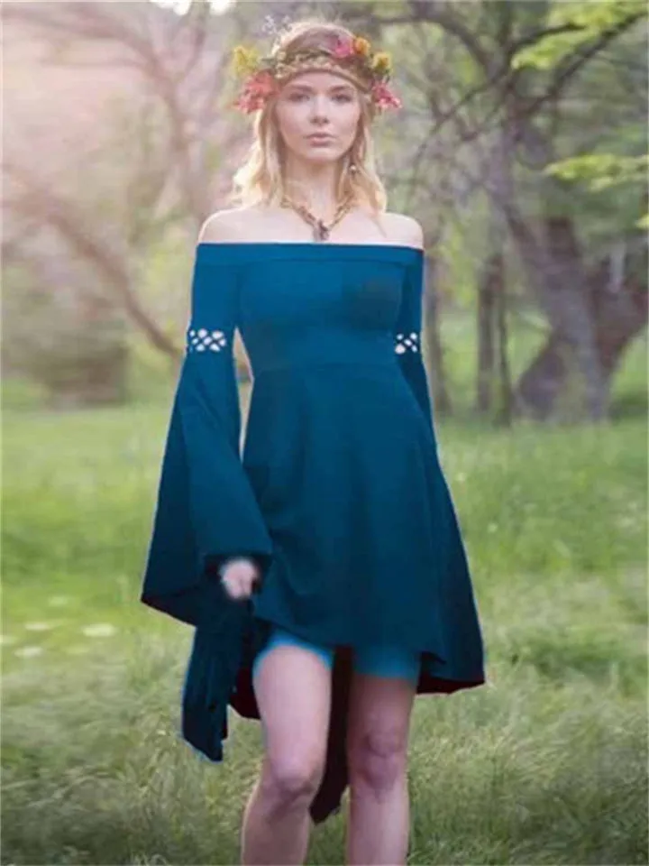 Flytonn-Graduation Gift Back to School Season Summer Vacation Dress Spring Outfit British Style Women's One-piece Collar Flared Sleeve Long Sleeve Fresh Sweet Princess Dress Women's Burst Irregular Dresses
