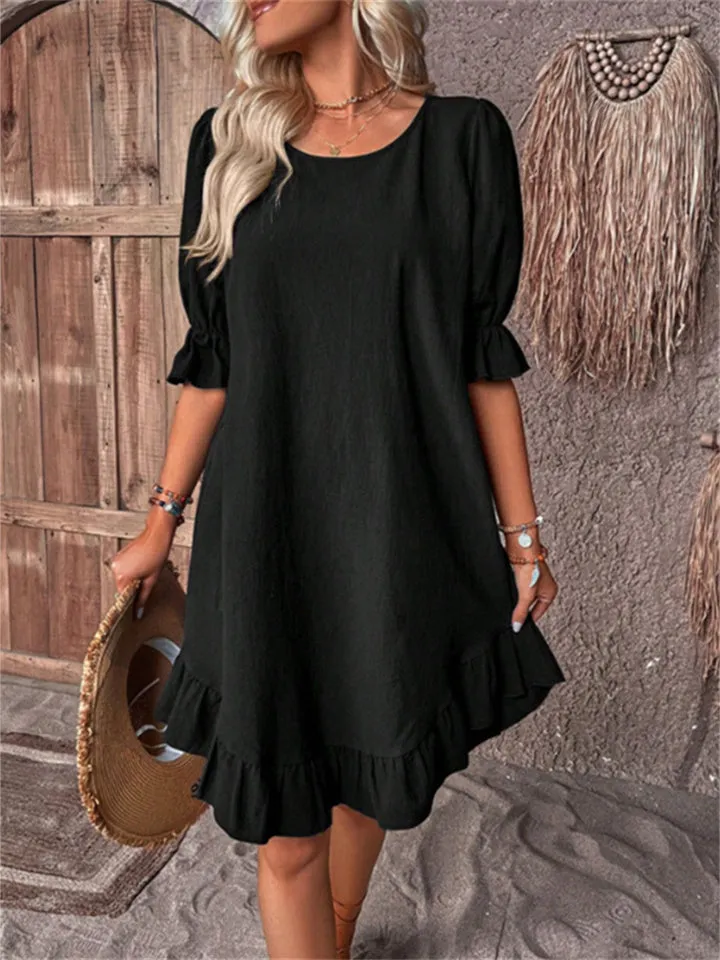 Flytonn-Graduation Gift Back to School Season Summer Vacation Dress Spring Outfit Europe and The United States Round Neck Casual Solid Color Princess Sleeves Loose Dresses for Women
