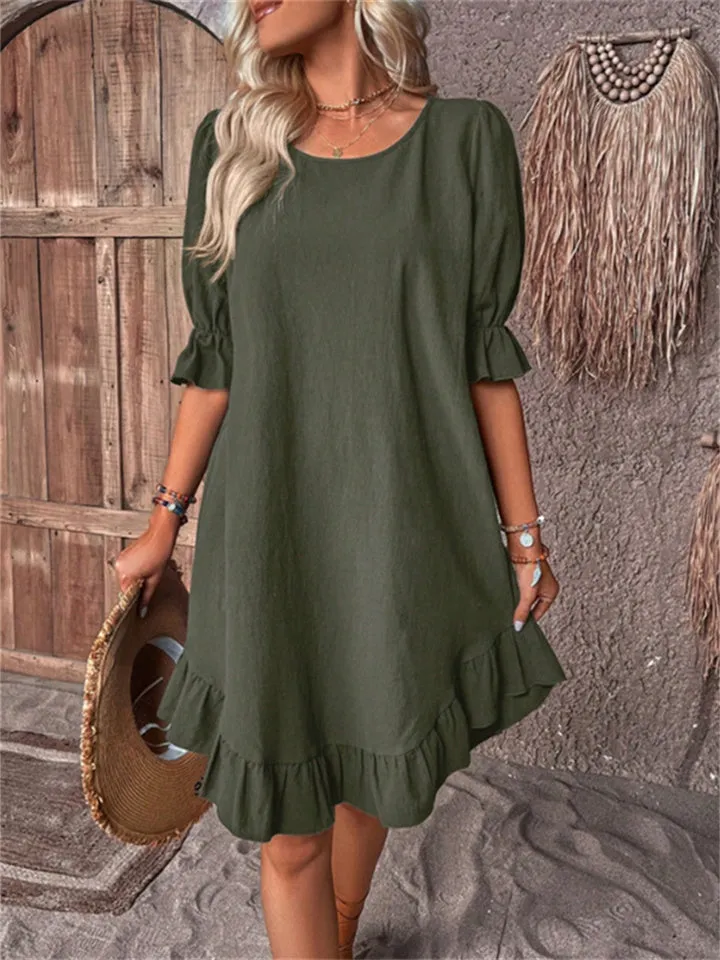 Flytonn-Graduation Gift Back to School Season Summer Vacation Dress Spring Outfit Europe and The United States Round Neck Casual Solid Color Princess Sleeves Loose Dresses for Women