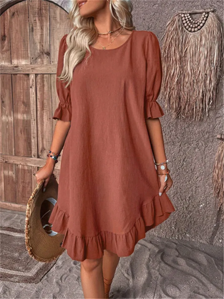 Flytonn-Graduation Gift Back to School Season Summer Vacation Dress Spring Outfit Europe and The United States Round Neck Casual Solid Color Princess Sleeves Loose Dresses for Women