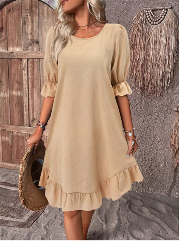 Flytonn-Graduation Gift Back to School Season Summer Vacation Dress Spring Outfit Europe and The United States Round Neck Casual Solid Color Princess Sleeves Loose Dresses for Women
