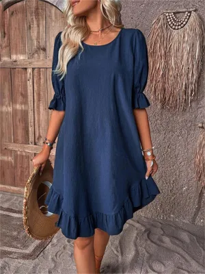 Flytonn-Graduation Gift Back to School Season Summer Vacation Dress Spring Outfit Europe and The United States Round Neck Casual Solid Color Princess Sleeves Loose Dresses for Women