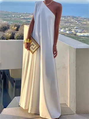 Flytonn-Graduation Gift Back to School Season Summer Vacation Dress Spring Outfit Fall and Winter Women Temperament Fashion Slant Shoulder Models Irregular Party Dress Long Dresses