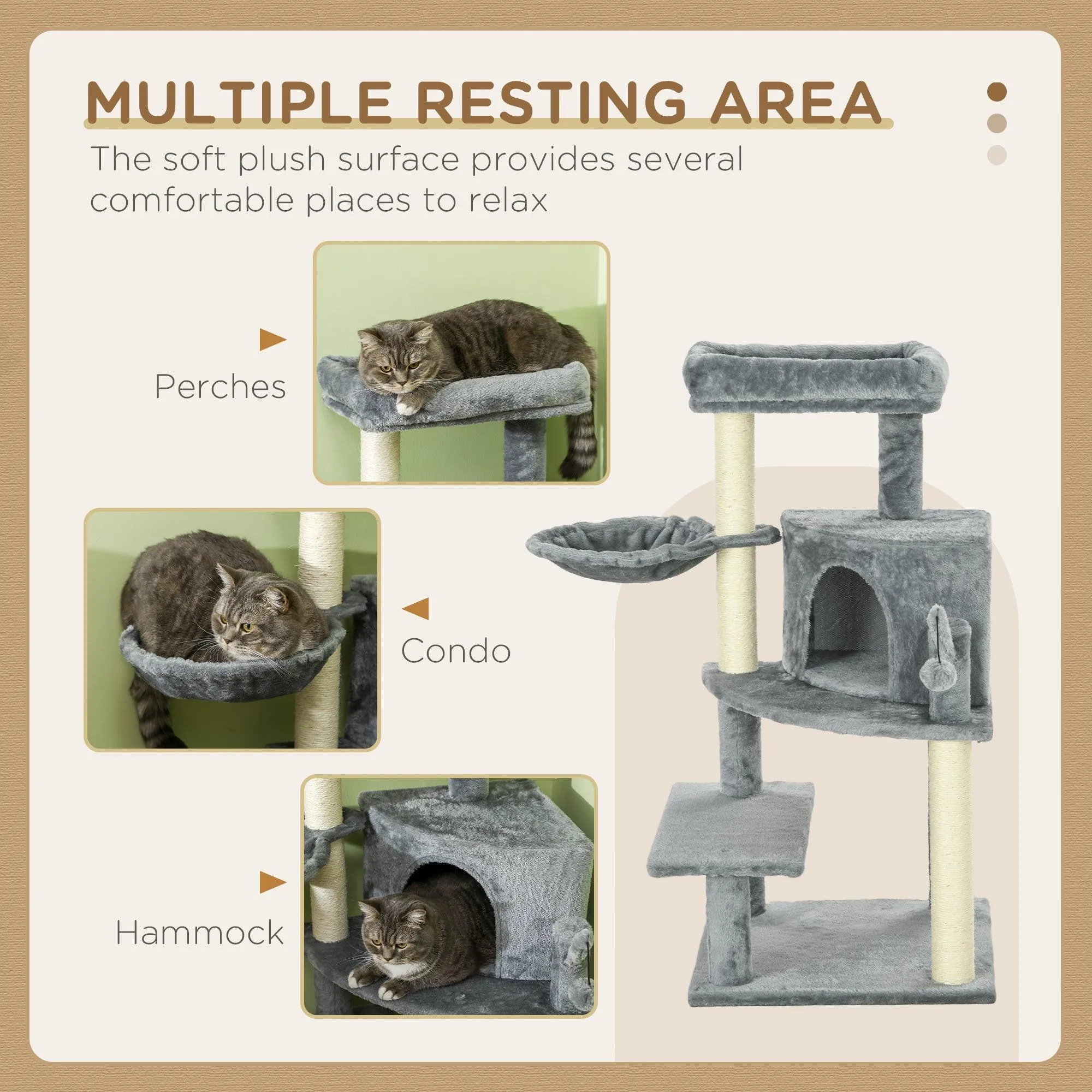 Grey Sisal Cat Tree Tower with Scratching Post, 100cm - Grey