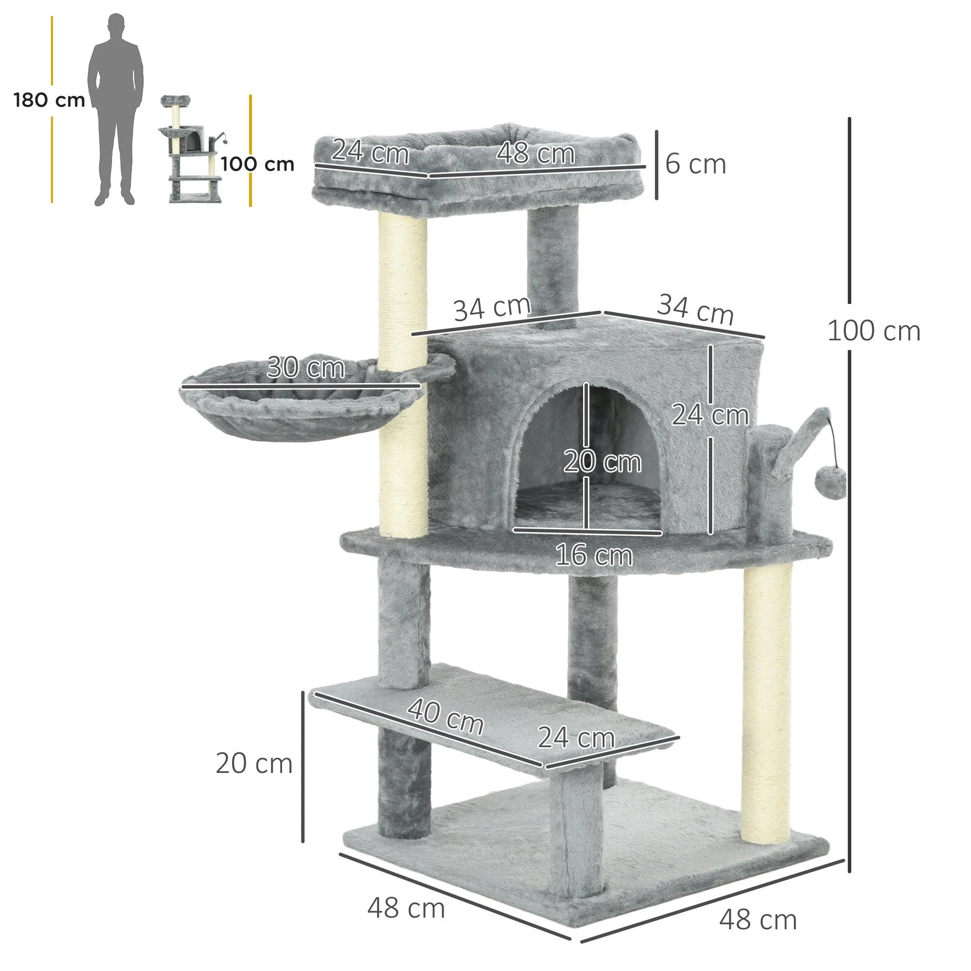 Grey Sisal Cat Tree Tower with Scratching Post, 100cm - Grey