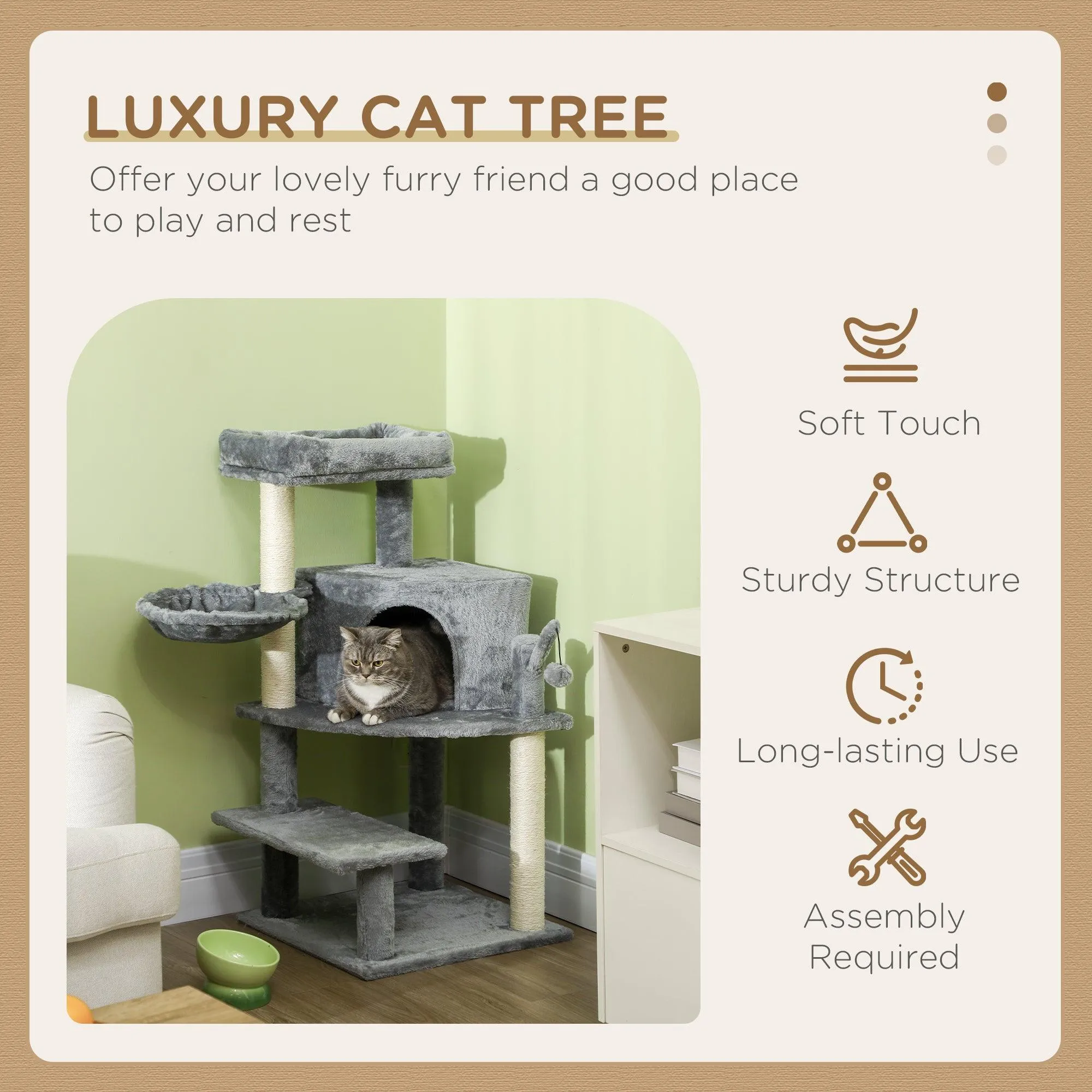 Grey Sisal Cat Tree Tower with Scratching Post, 100cm - Grey