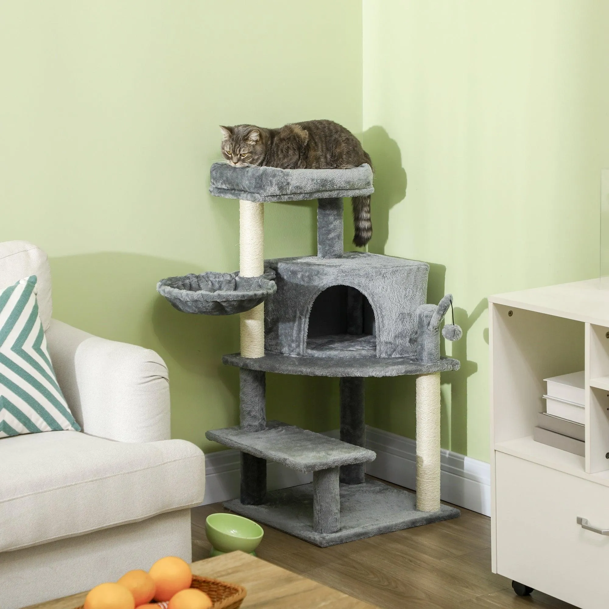 Grey Sisal Cat Tree Tower with Scratching Post, 100cm - Grey