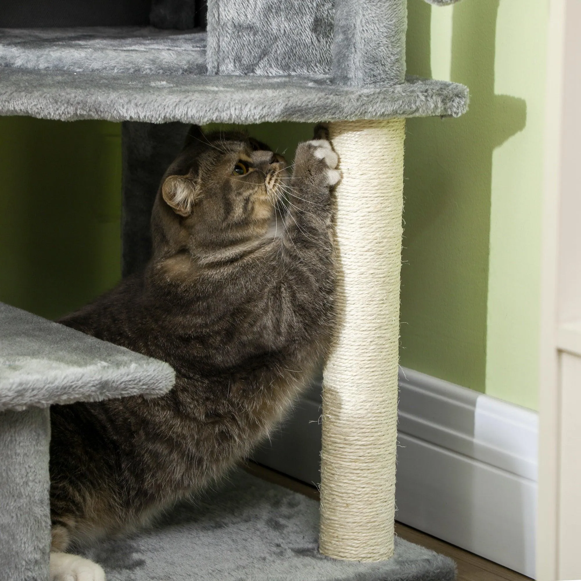 Grey Sisal Cat Tree Tower with Scratching Post, 100cm - Grey
