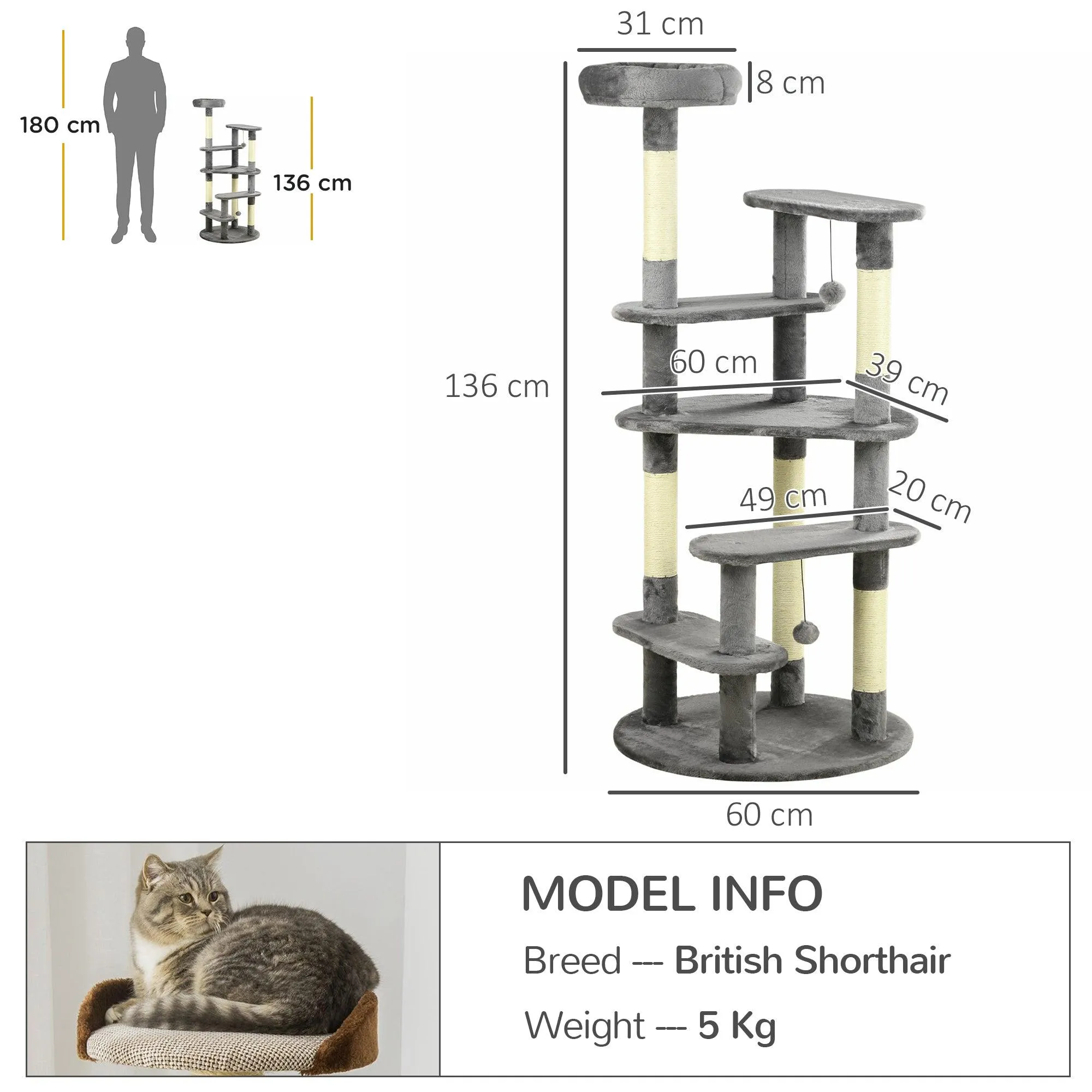 Grey Three-Tier Cat Activity Center Tower, 136cm - Grey