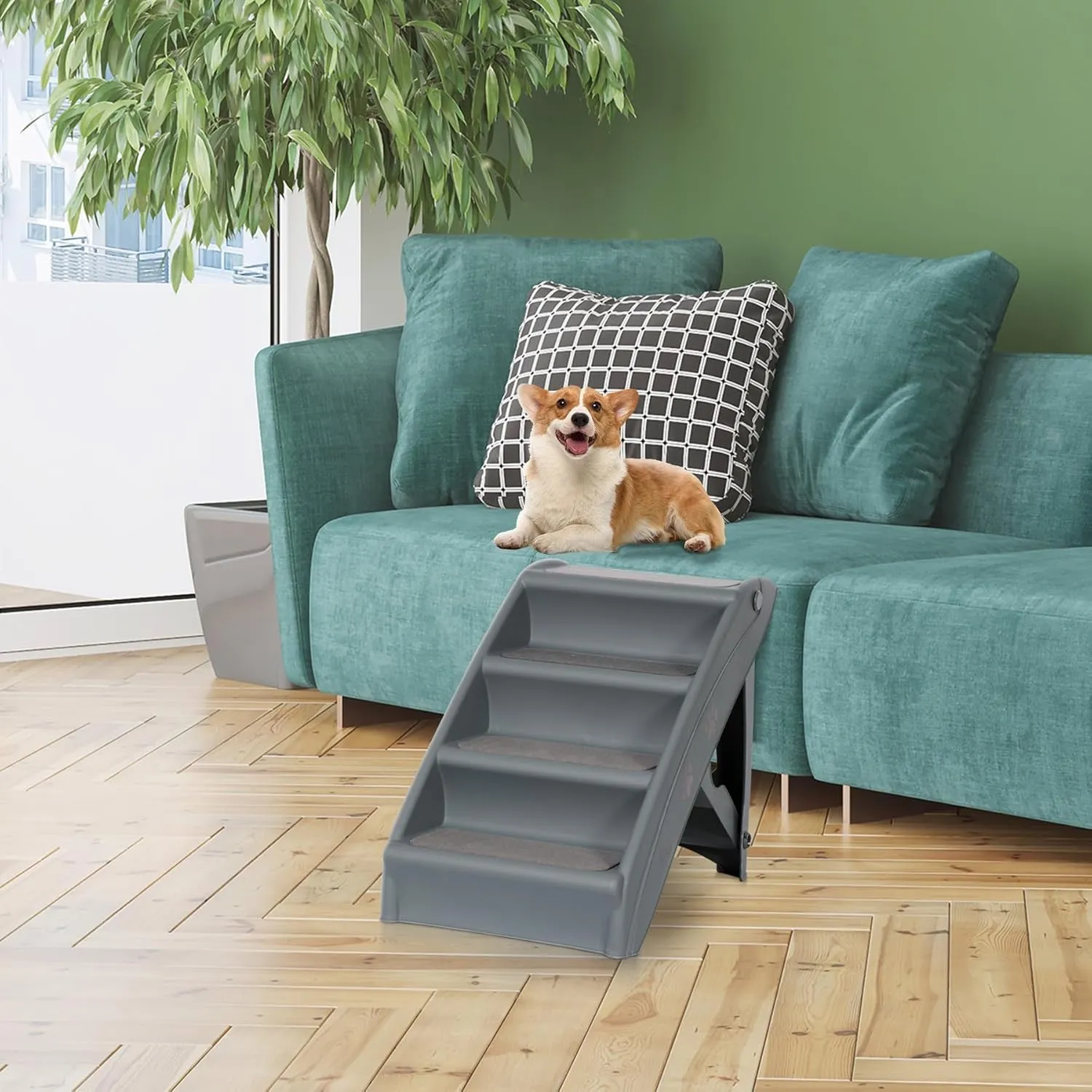 LEMY Foldable Pet Ladder, Pet Stairs with 4 Steps, Plastic Anti-Slip Pet Furniture Pet Dog Steps for Small/Old Dog (Grey)