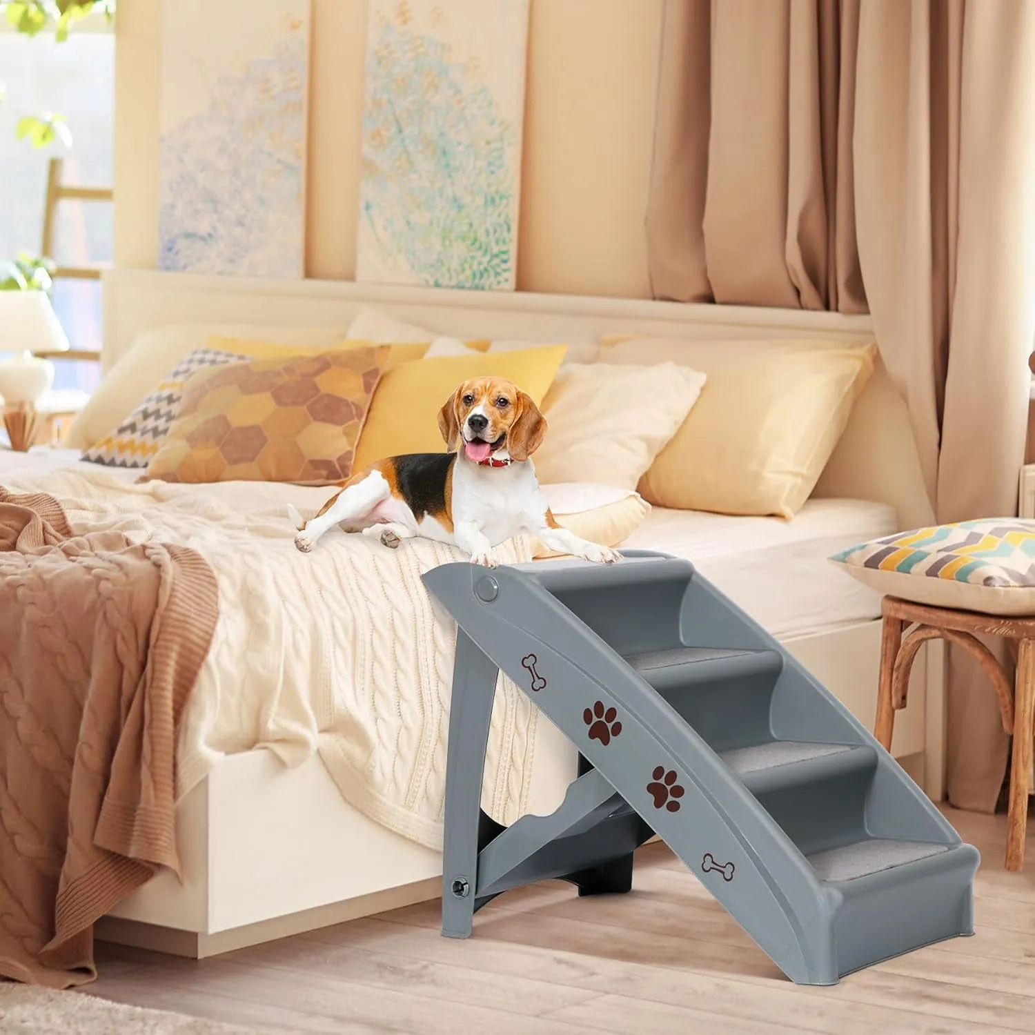 LEMY Foldable Pet Ladder, Pet Stairs with 4 Steps, Plastic Anti-Slip Pet Furniture Pet Dog Steps for Small/Old Dog (Grey)