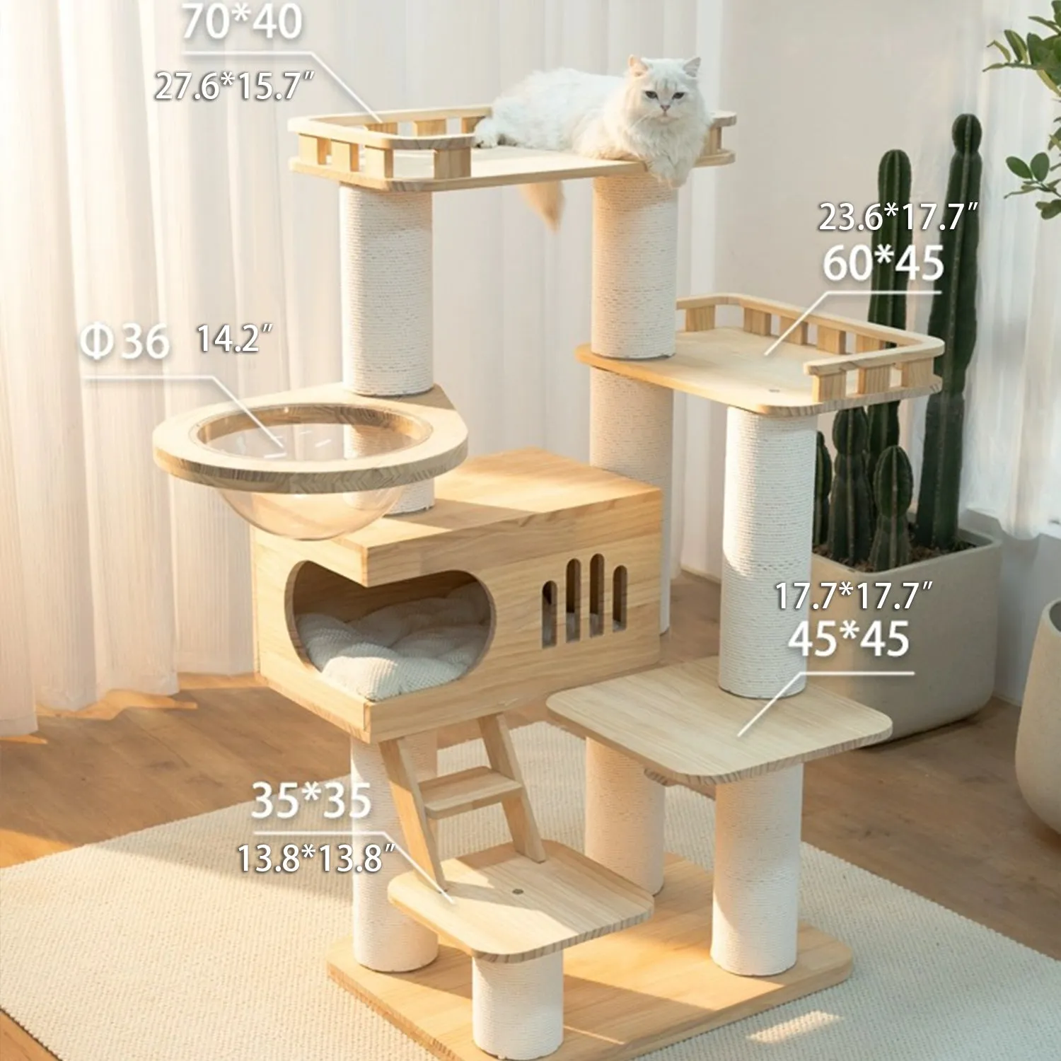 Luxury Multi-layer Wooden Cat Tree with Space Capsule & Scratching Post