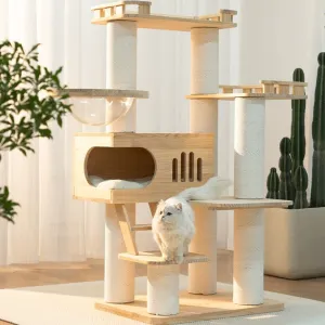 Luxury Multi-layer Wooden Cat Tree with Space Capsule & Scratching Post