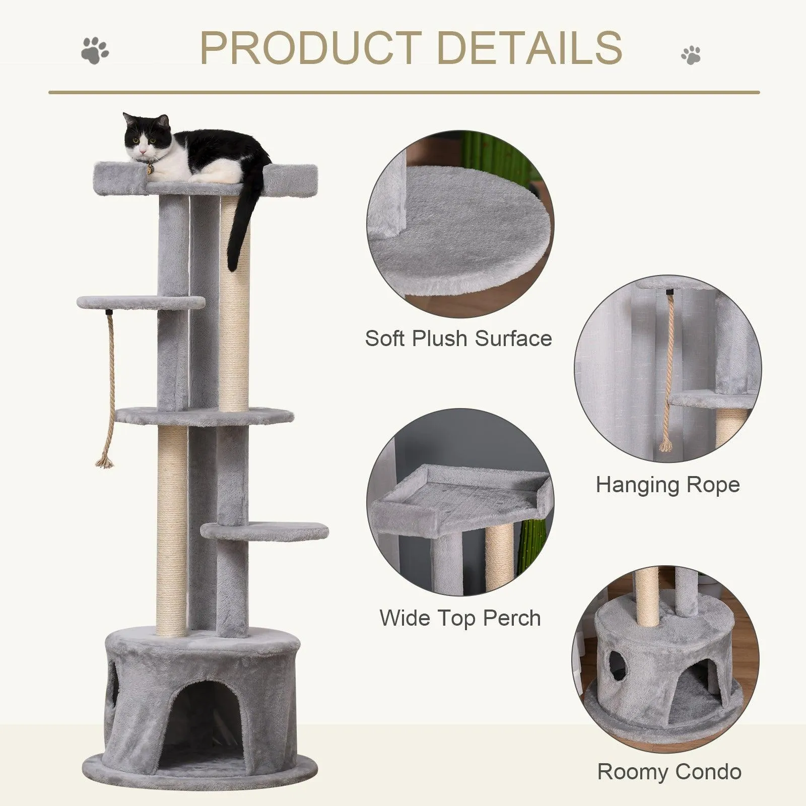 Multi-Level Cat Tower with Hanging Ropes, 150cm- Grey