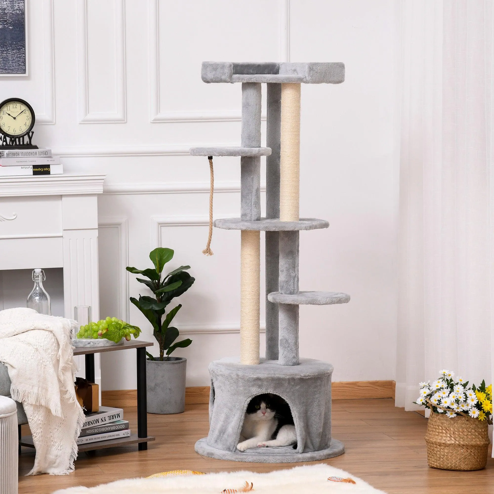 Multi-Level Cat Tower with Hanging Ropes, 150cm- Grey
