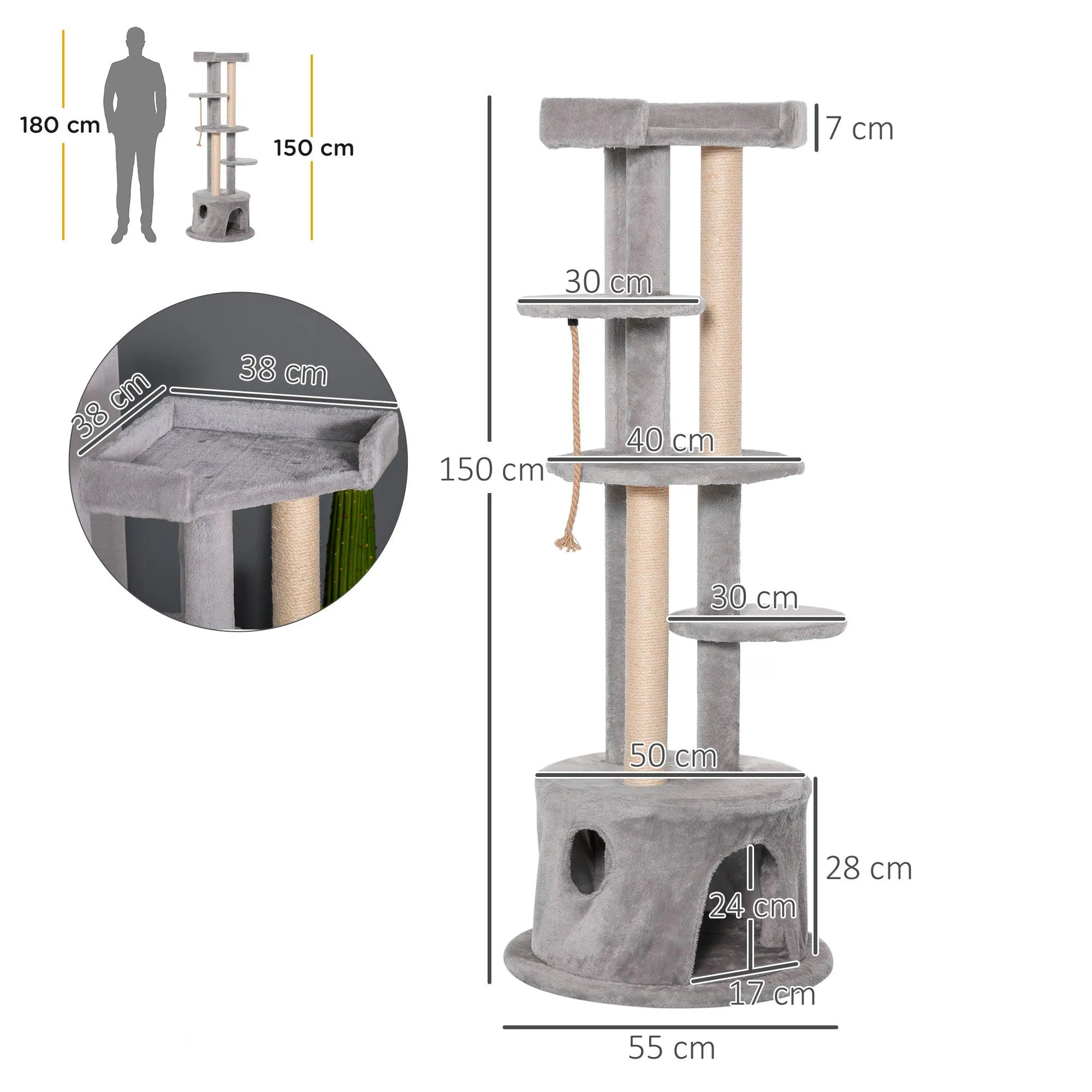 Multi-Level Cat Tower with Hanging Ropes, 150cm- Grey