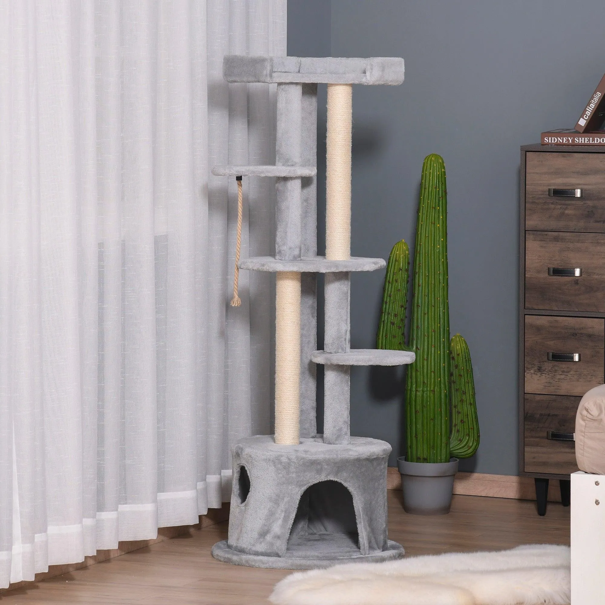 Multi-Level Cat Tower with Hanging Ropes, 150cm- Grey