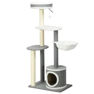 Multi-level Cat Tower with Scratching Posts & Bed, 132cm - Grey