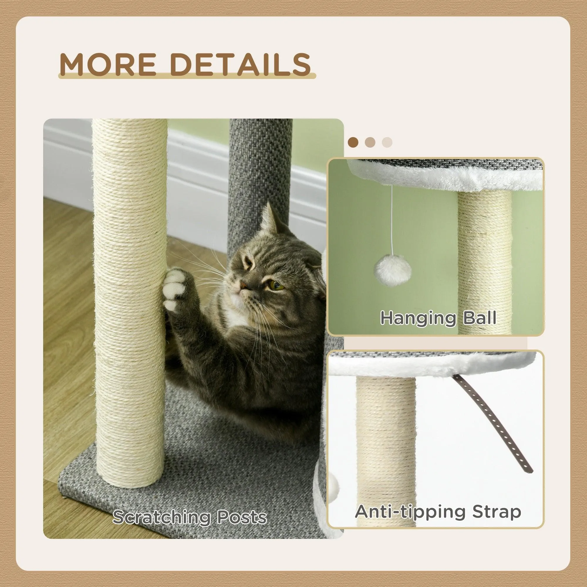 Multi-level Cat Tower with Scratching Posts & Bed, 132cm - Grey