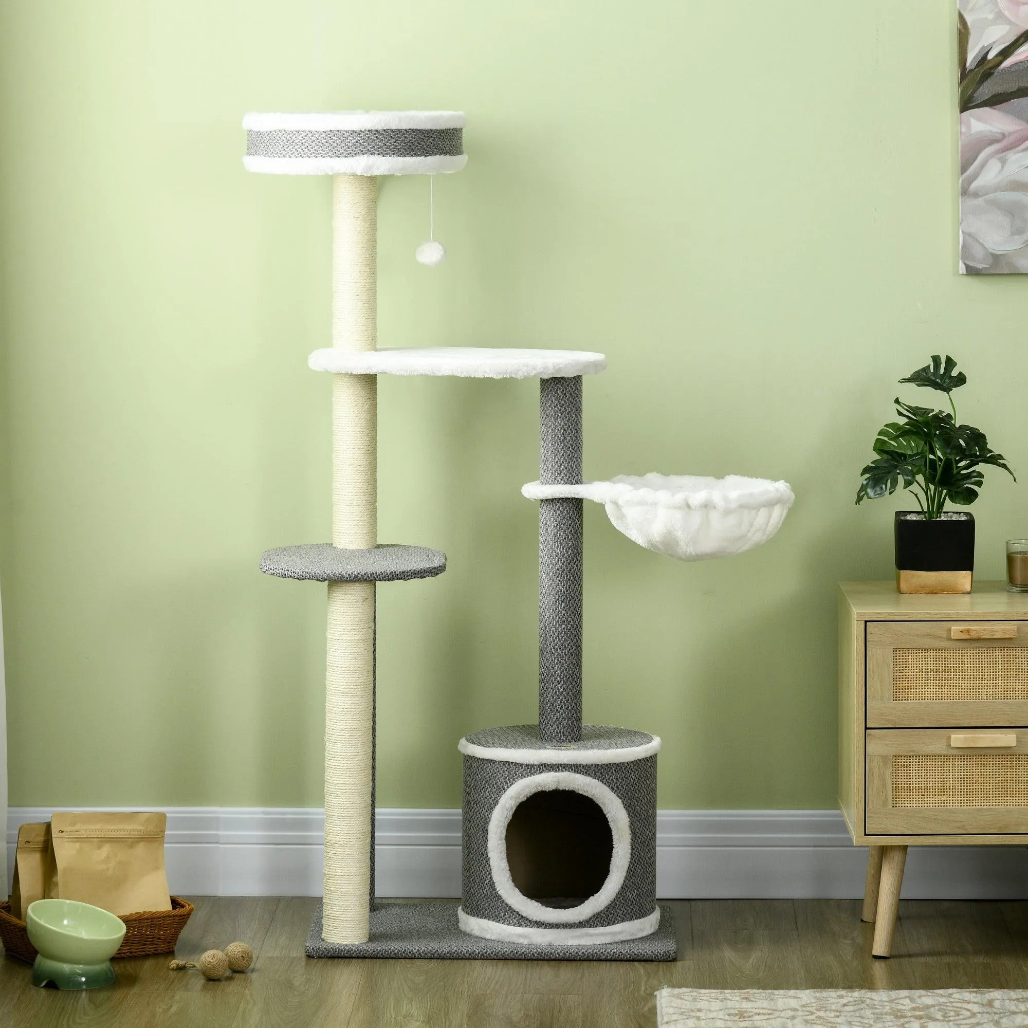 Multi-level Cat Tower with Scratching Posts & Bed, 132cm - Grey