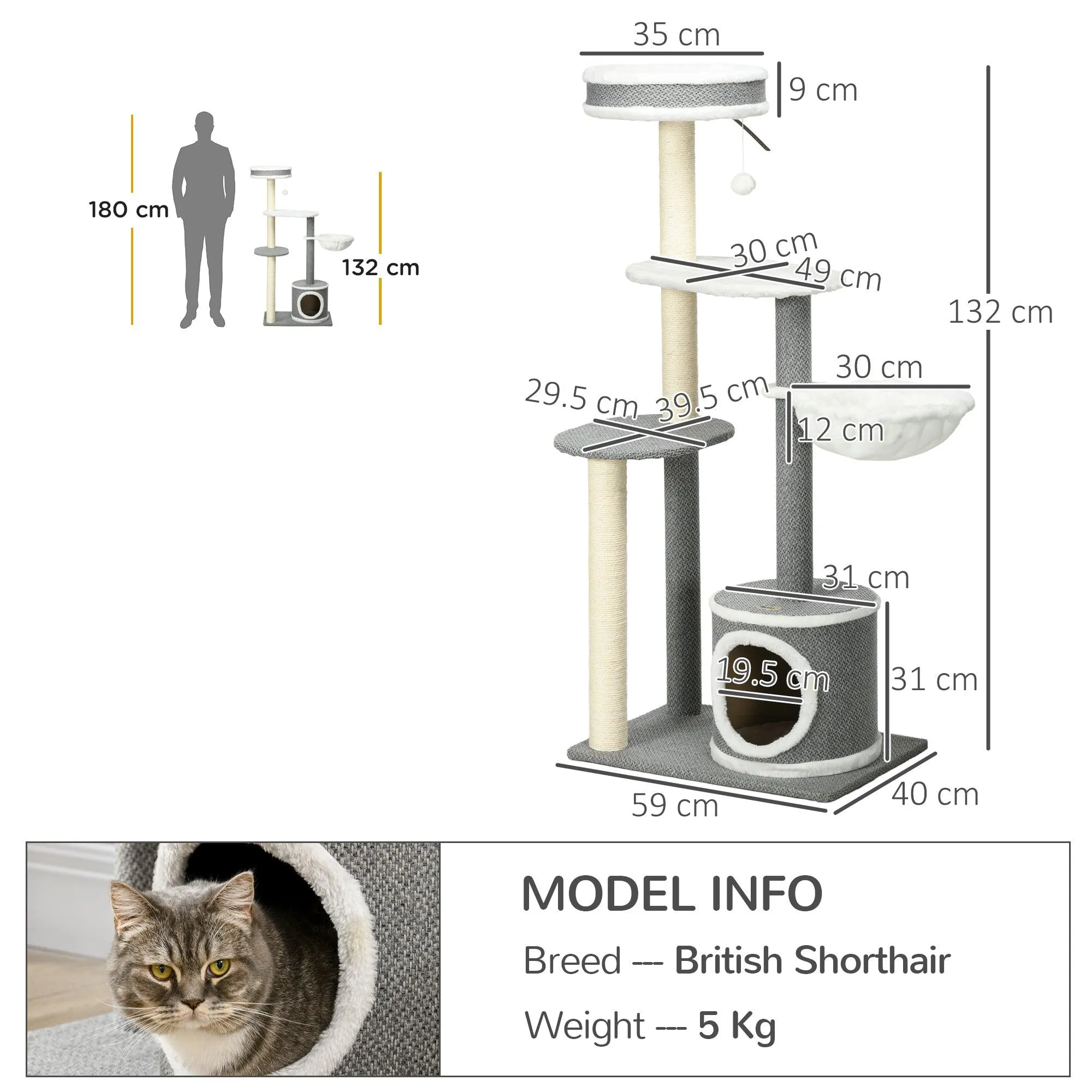 Multi-level Cat Tower with Scratching Posts & Bed, 132cm - Grey