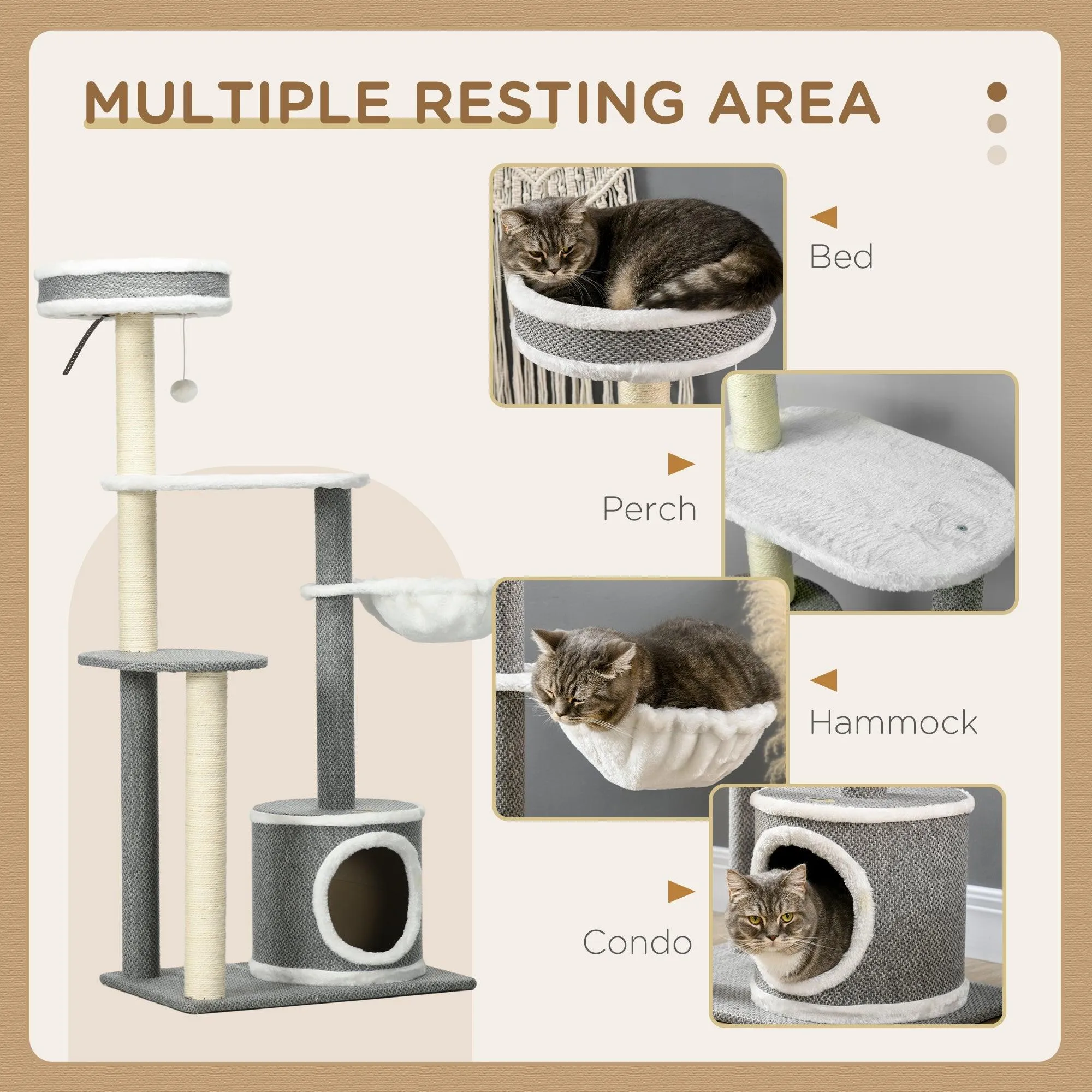 Multi-level Cat Tower with Scratching Posts & Bed, 132cm - Grey