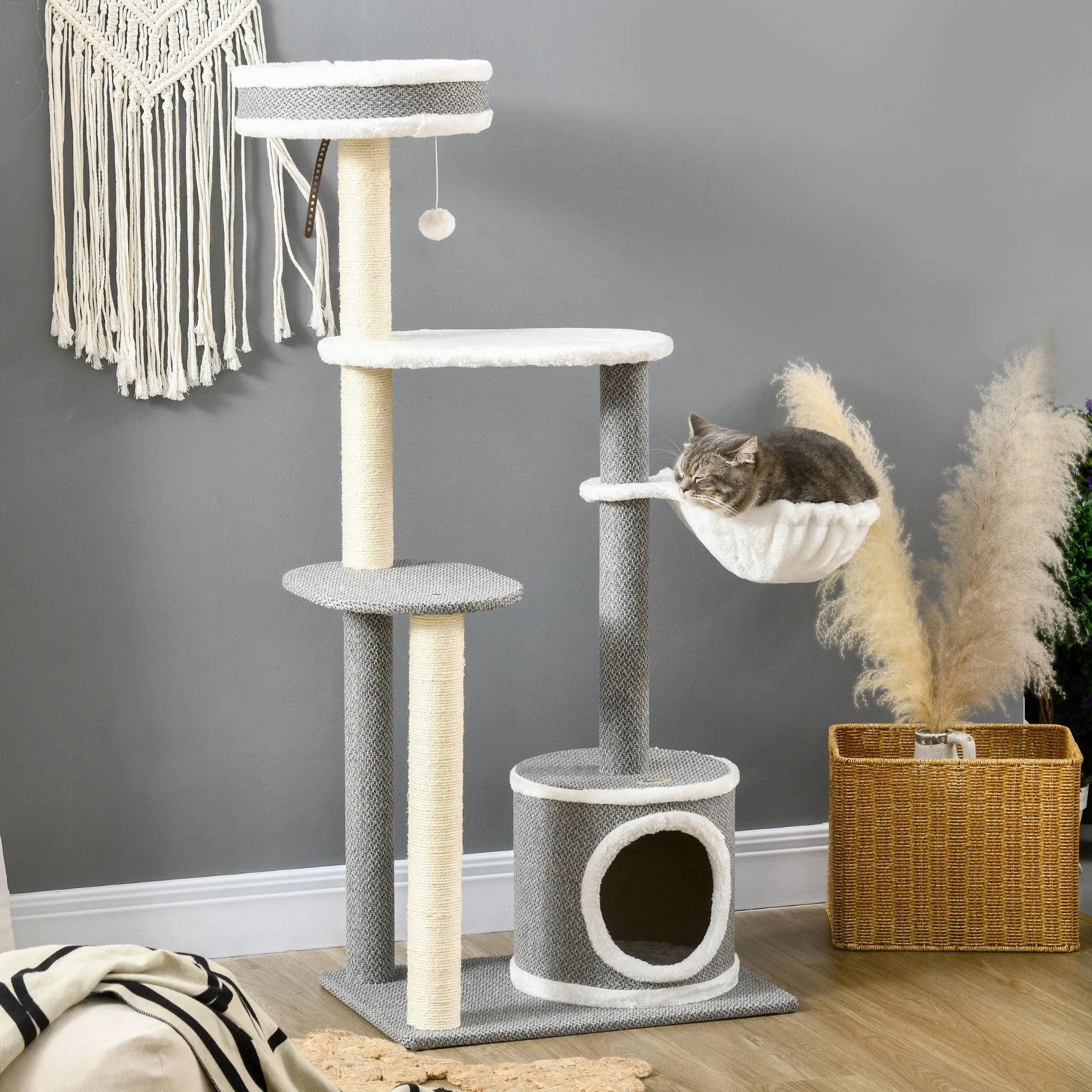 Multi-level Cat Tower with Scratching Posts & Bed, 132cm - Grey