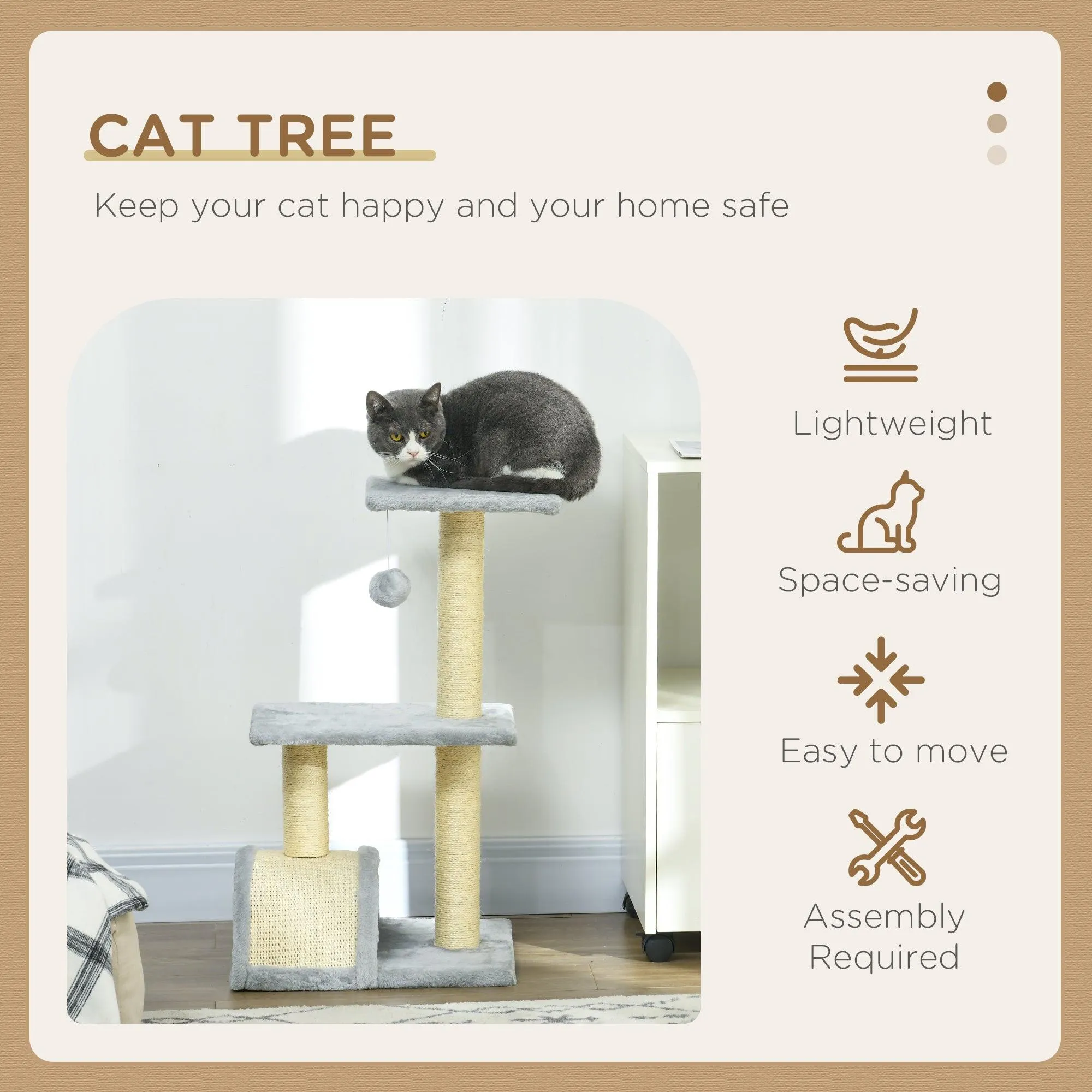 Multi-level Cat Tree with Sisal Scratching Post, 72cm - Light Grey