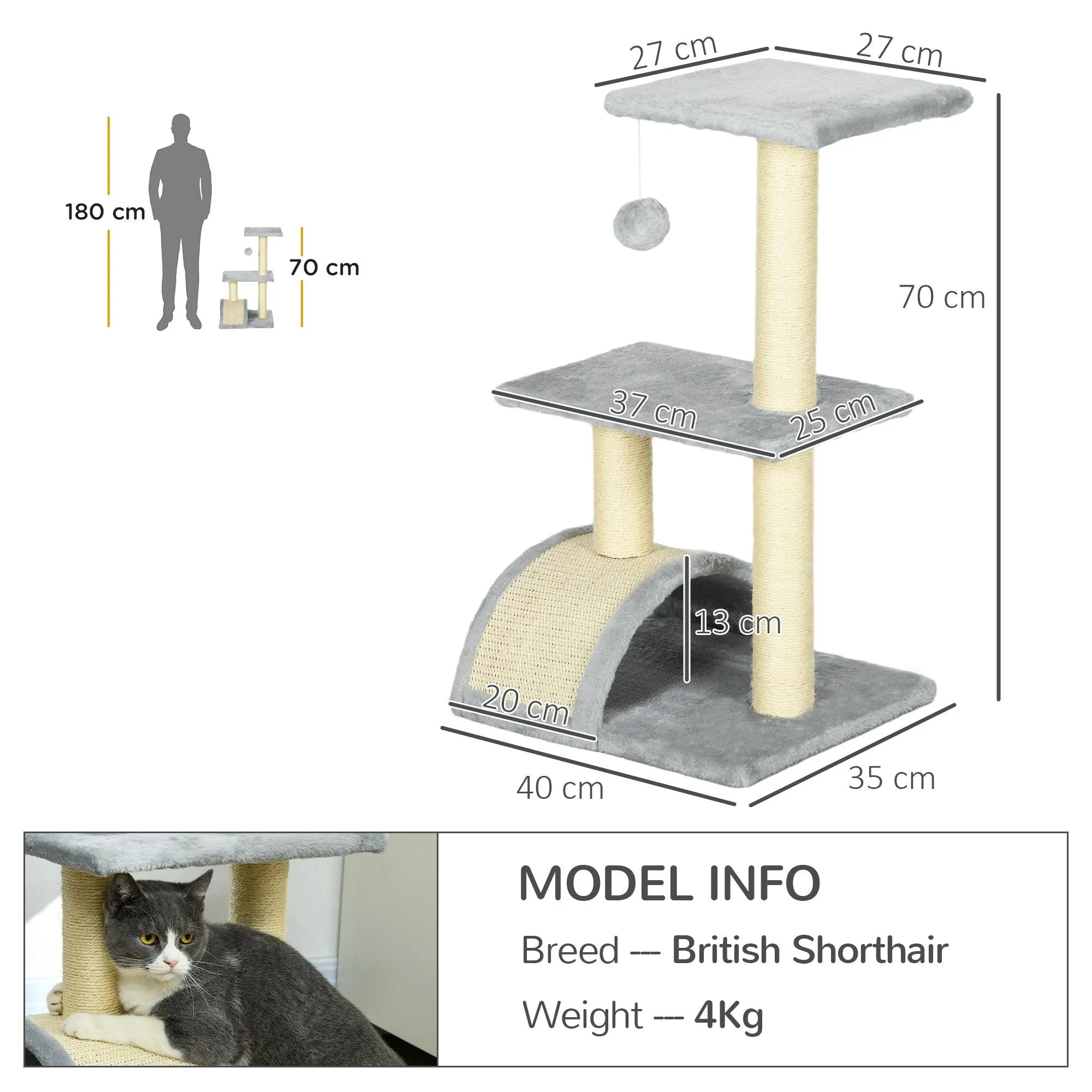 Multi-level Cat Tree with Sisal Scratching Post, 72cm - Light Grey