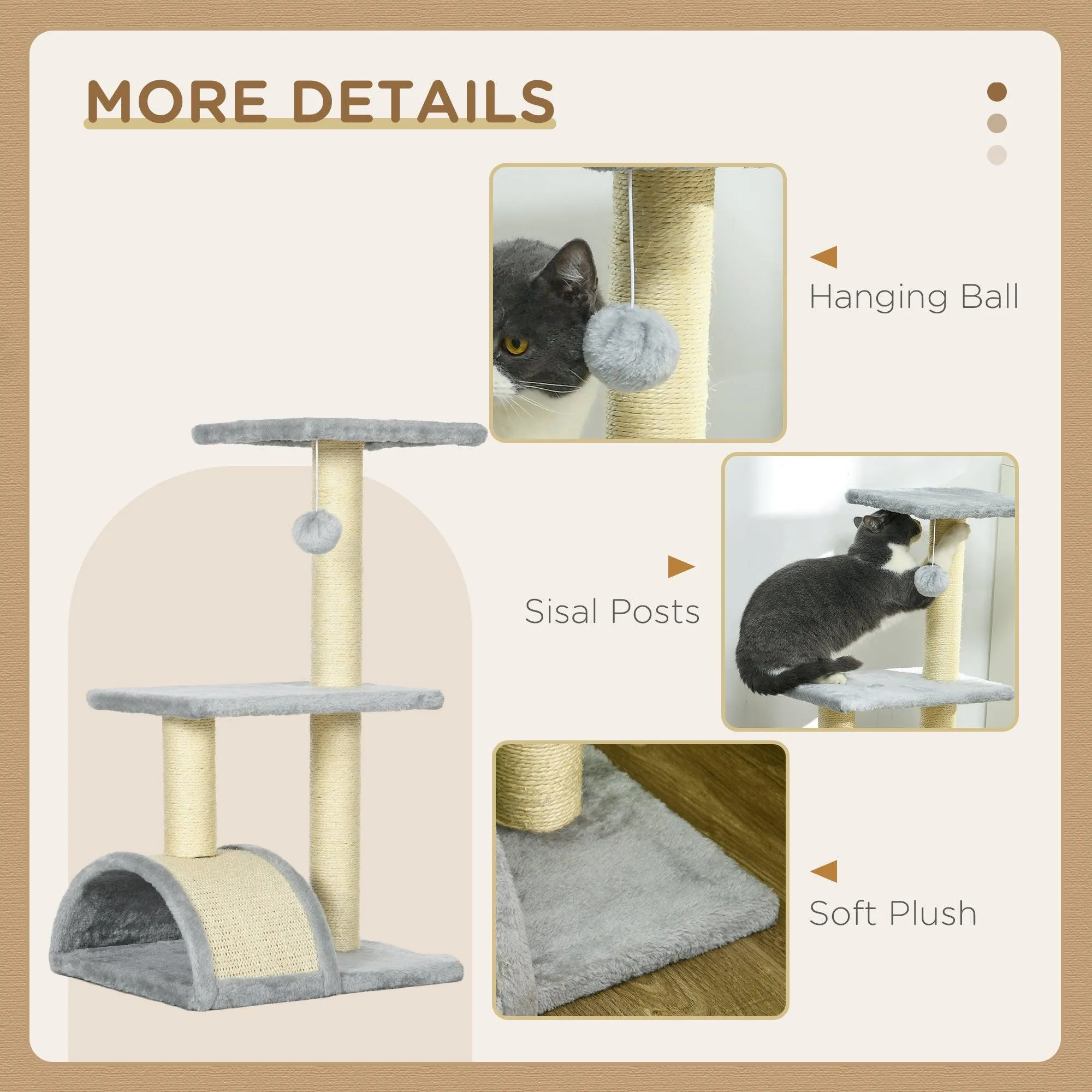Multi-level Cat Tree with Sisal Scratching Post, 72cm - Light Grey