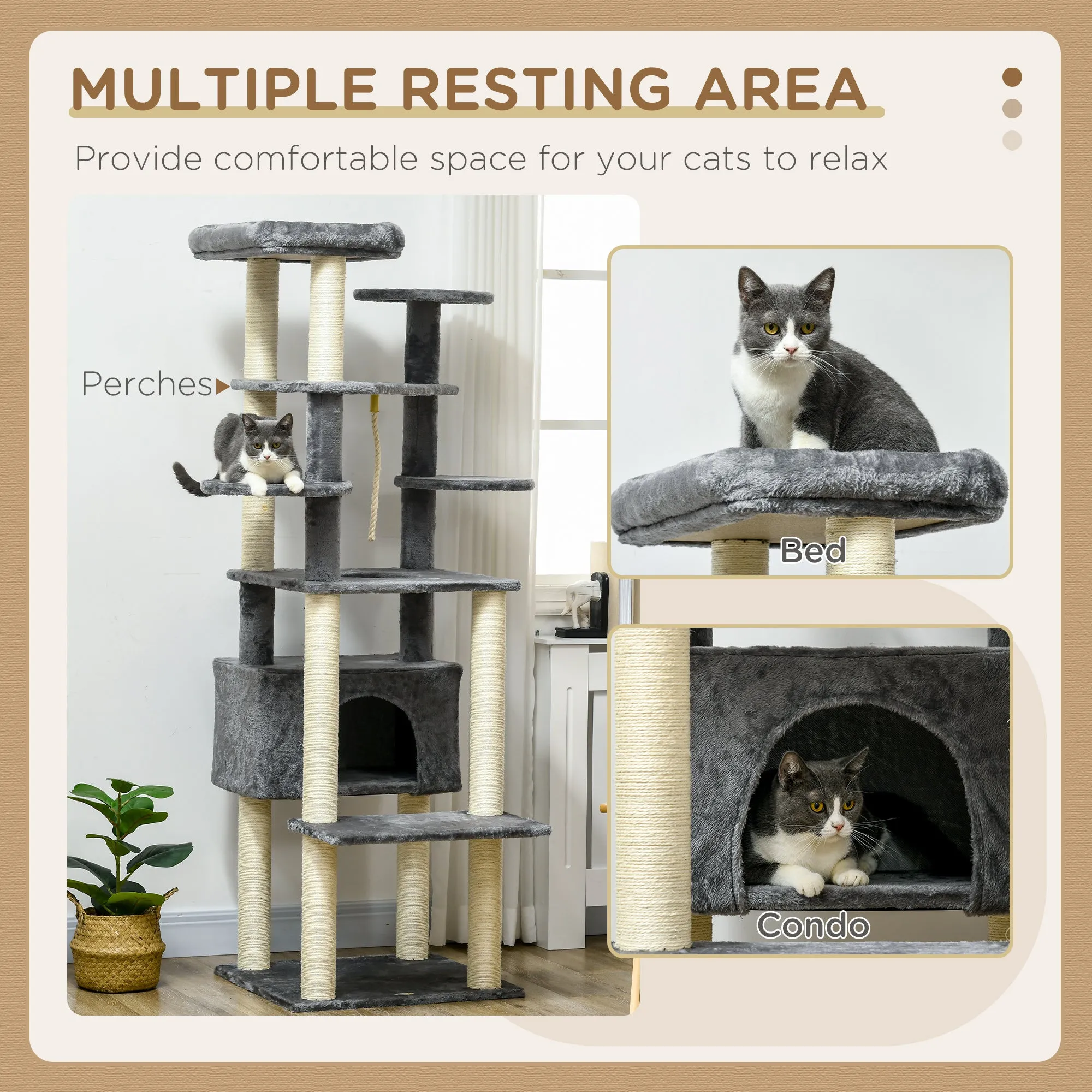 PawHut 184cm Cat Tree for Indoor Cats, Modern Cat Tower with Cat Bed - Grey