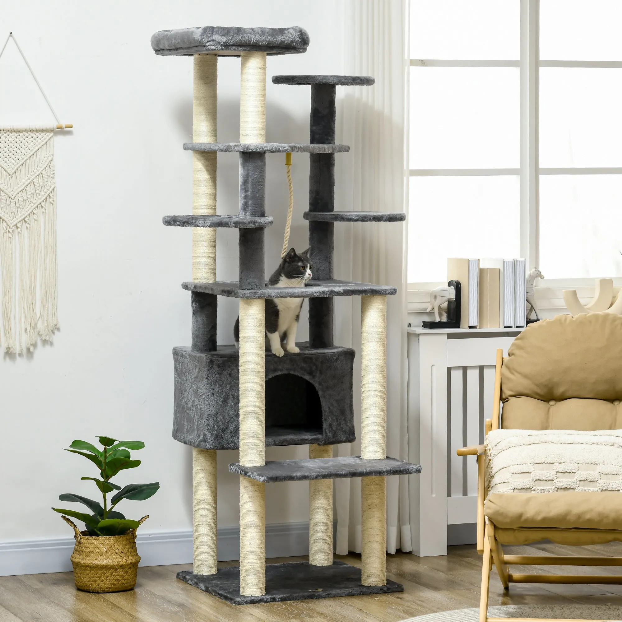PawHut 184cm Cat Tree for Indoor Cats, Modern Cat Tower with Cat Bed - Grey