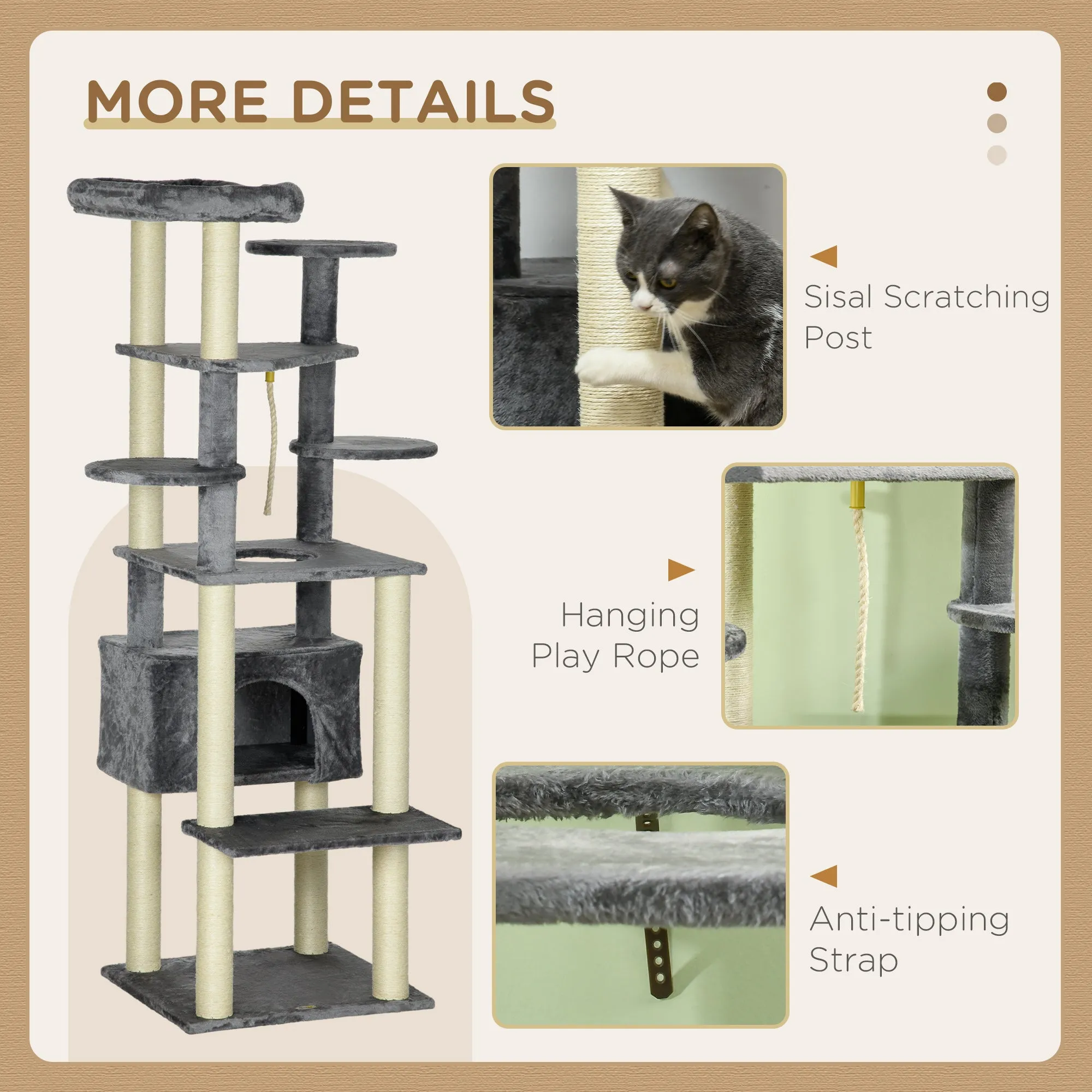 PawHut 184cm Cat Tree for Indoor Cats, Modern Cat Tower with Cat Bed - Grey