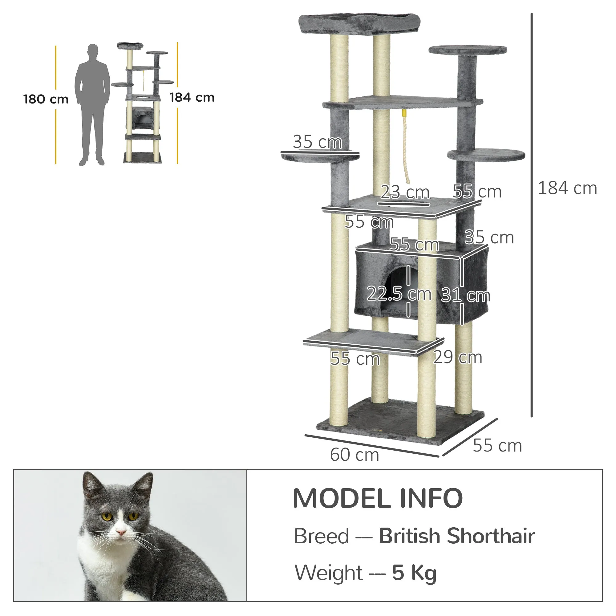 PawHut 184cm Cat Tree for Indoor Cats, Modern Cat Tower with Cat Bed - Grey