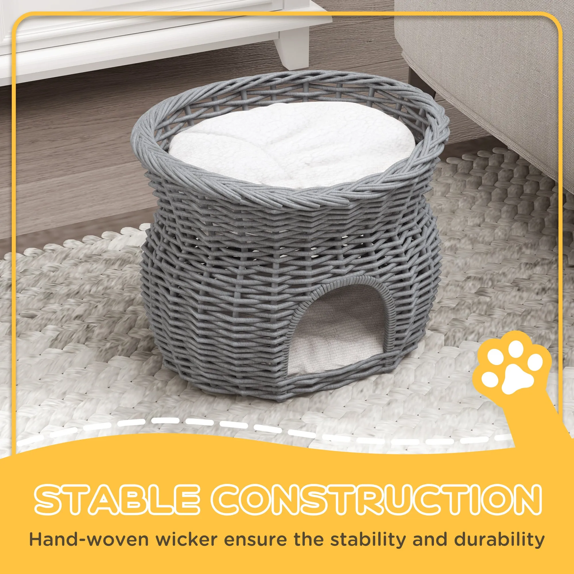 PawHut 2-Tier Elevated Pet Cushion Bed Basket Willow Cat Tree House Condo Kennel