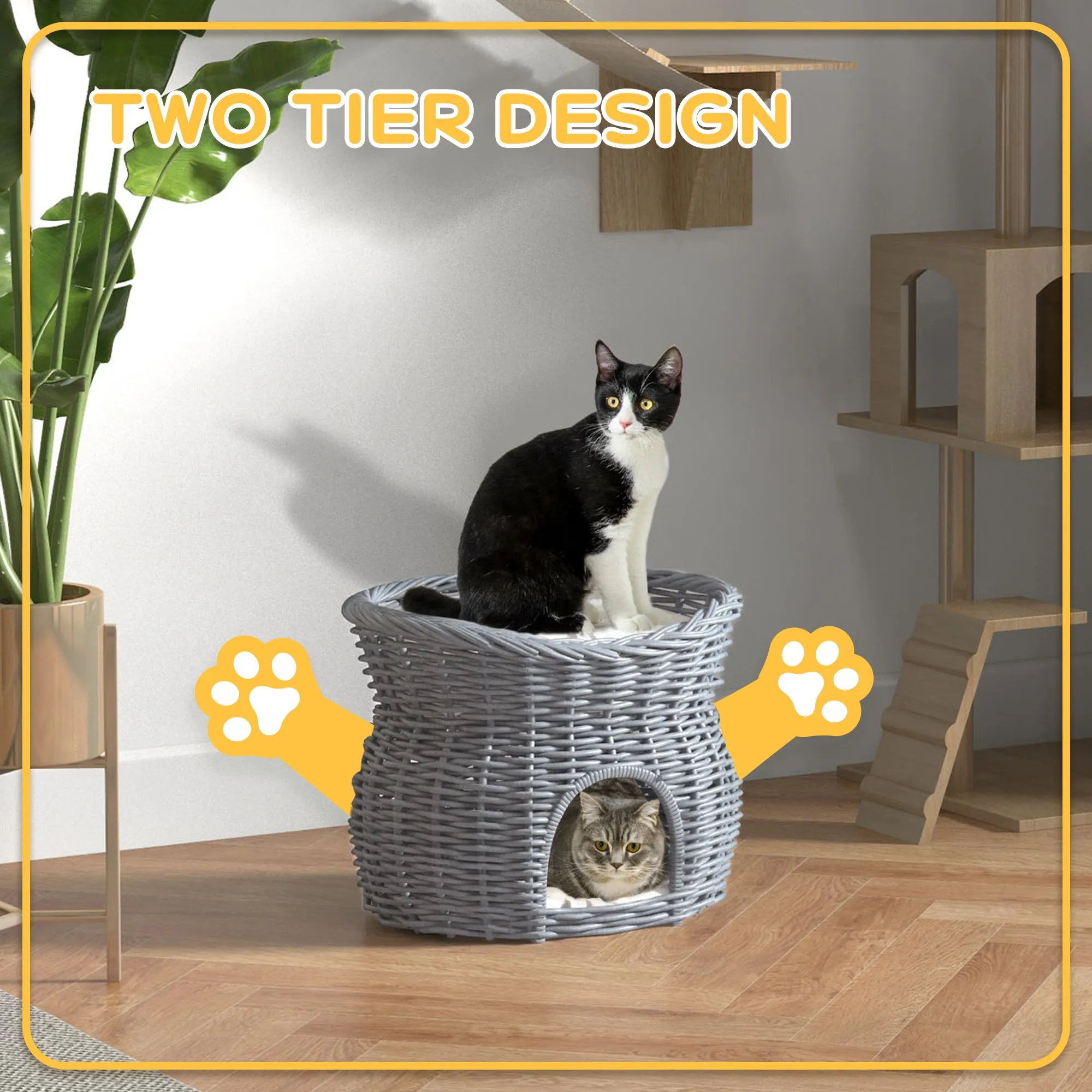 PawHut 2-Tier Elevated Pet Cushion Bed Basket Willow Cat Tree House Condo Kennel