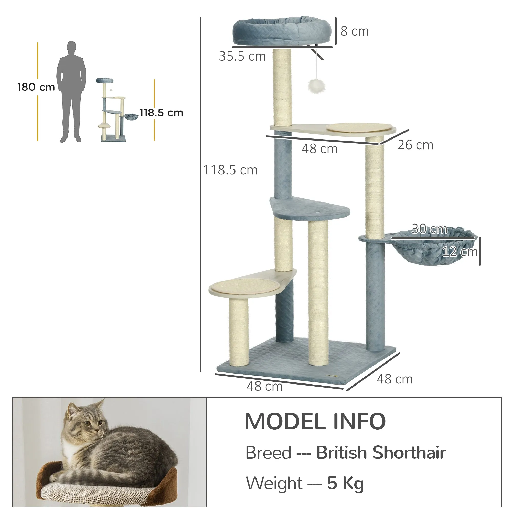 PawHut Wooden Cat Tree Climbing Tower with Scratching Post Hammock - Blue