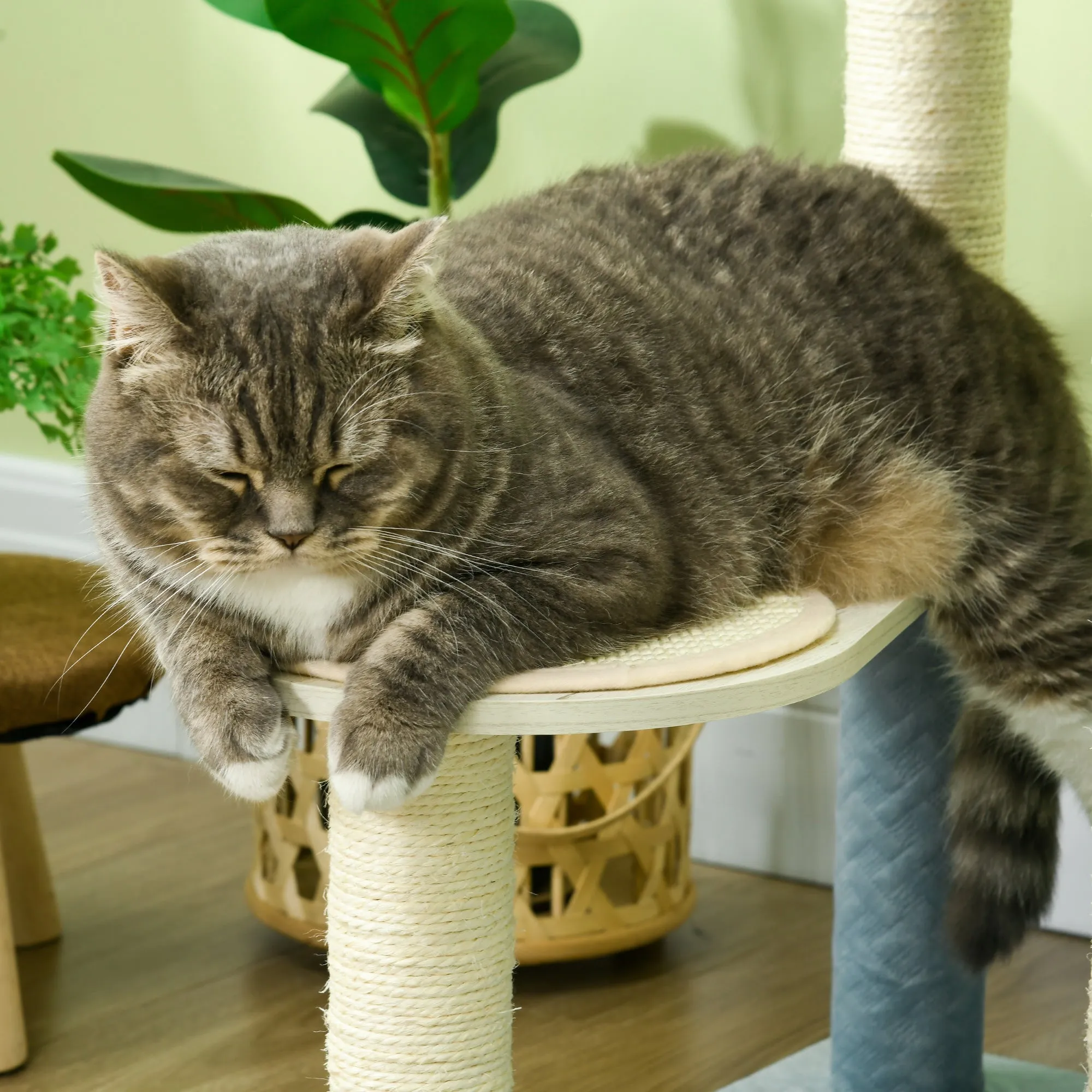 PawHut Wooden Cat Tree Climbing Tower with Scratching Post Hammock - Blue