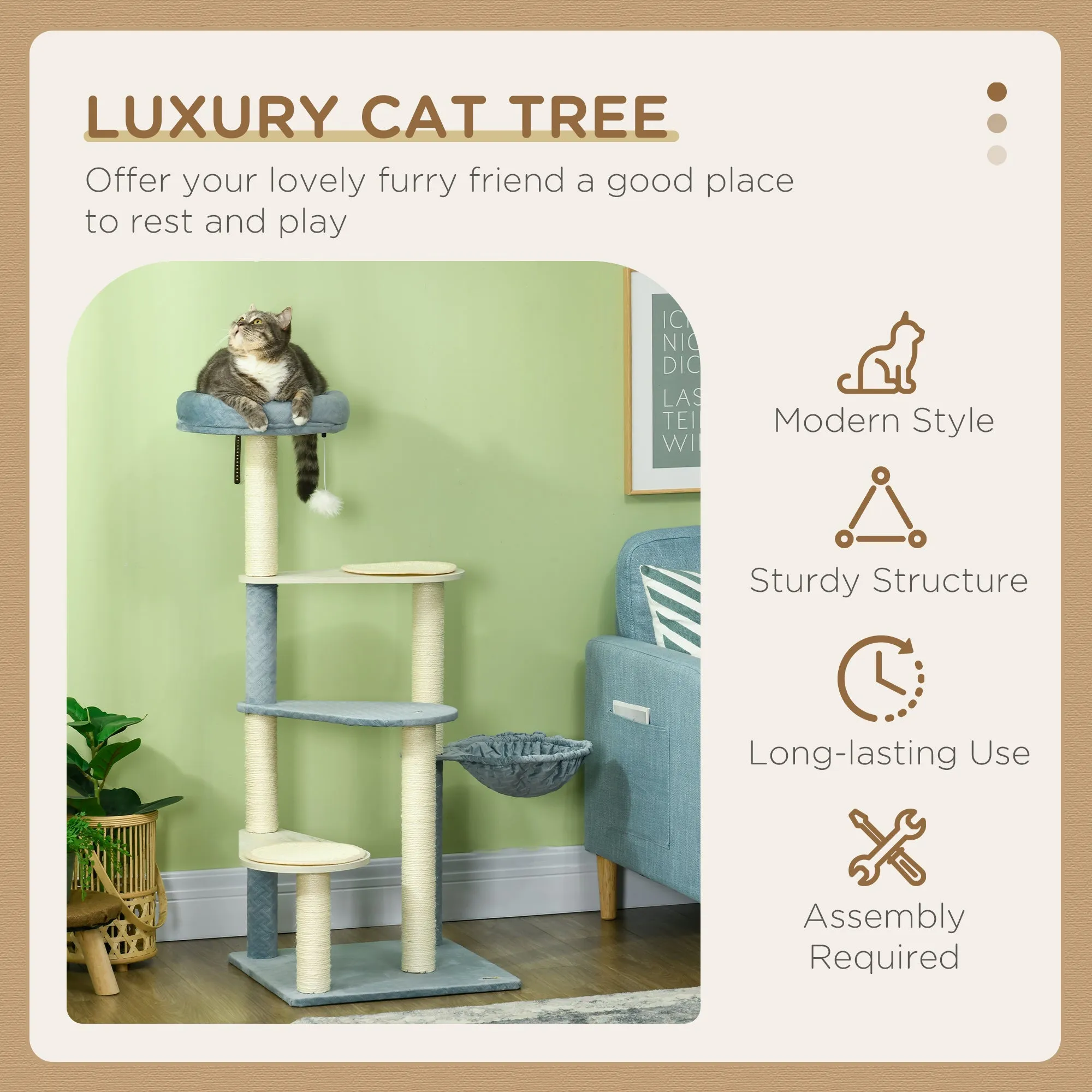 PawHut Wooden Cat Tree Climbing Tower with Scratching Post Hammock - Blue