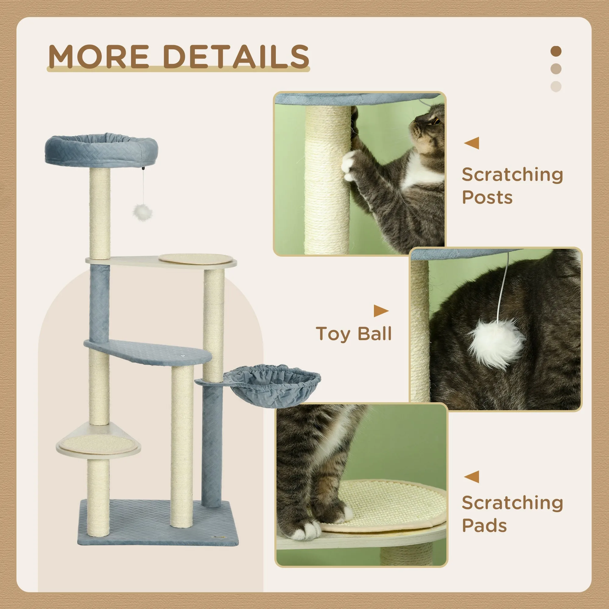 PawHut Wooden Cat Tree Climbing Tower with Scratching Post Hammock - Blue
