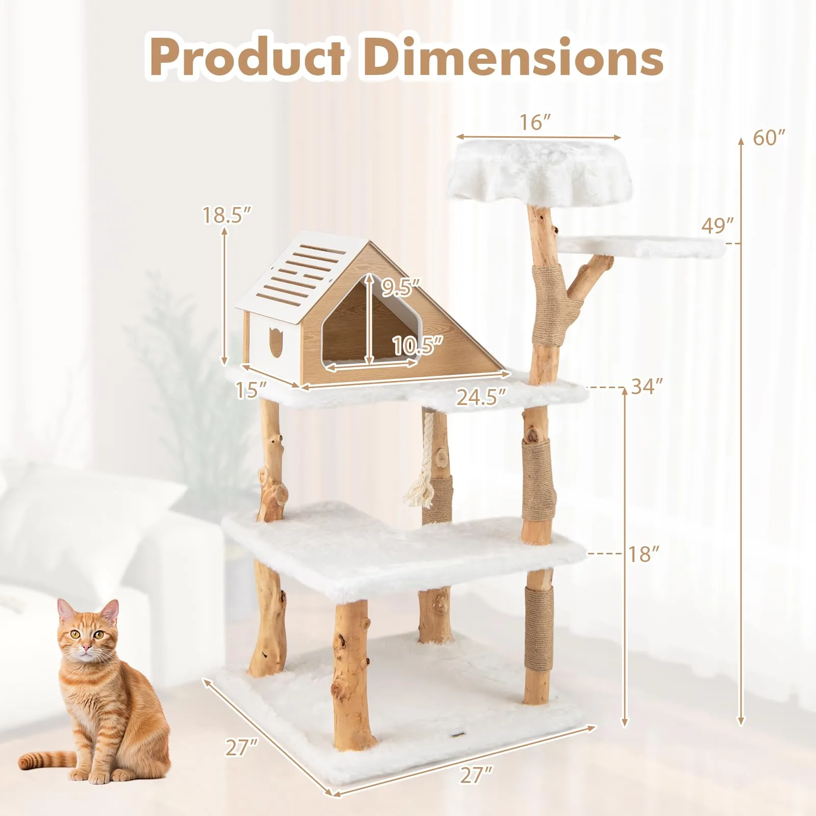 Tangkula Solid Wood Cat Tree, Modern Wooden Cat Tower with Jute Scratching Posts, 2 Perches, Condo