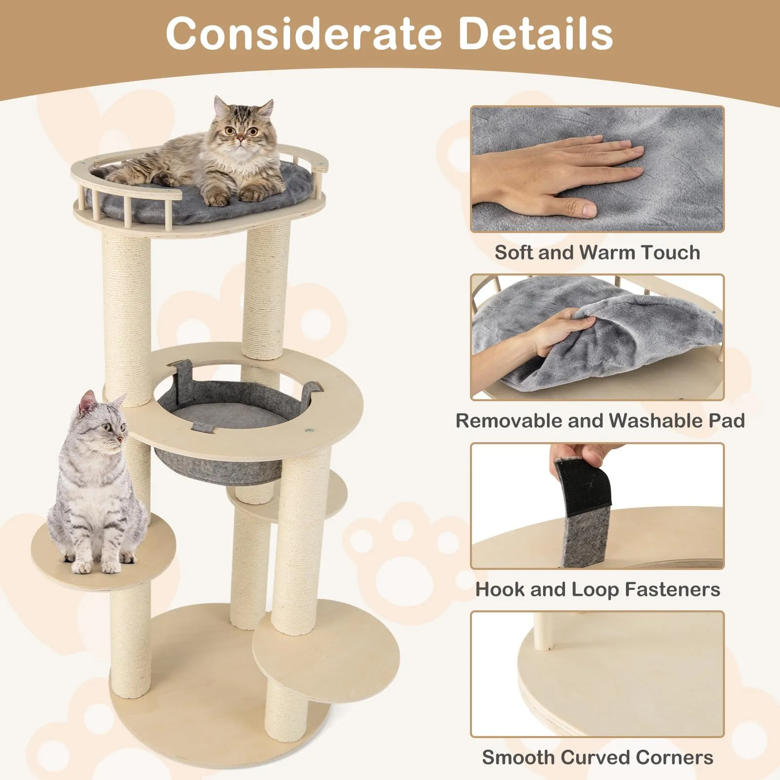 Tangkula Wood Cat Tree, 59 Inch Multi-Level Cat Tower with Top Padded Perch, Hammock, 3 Platforms & Sisal Scratching Posts